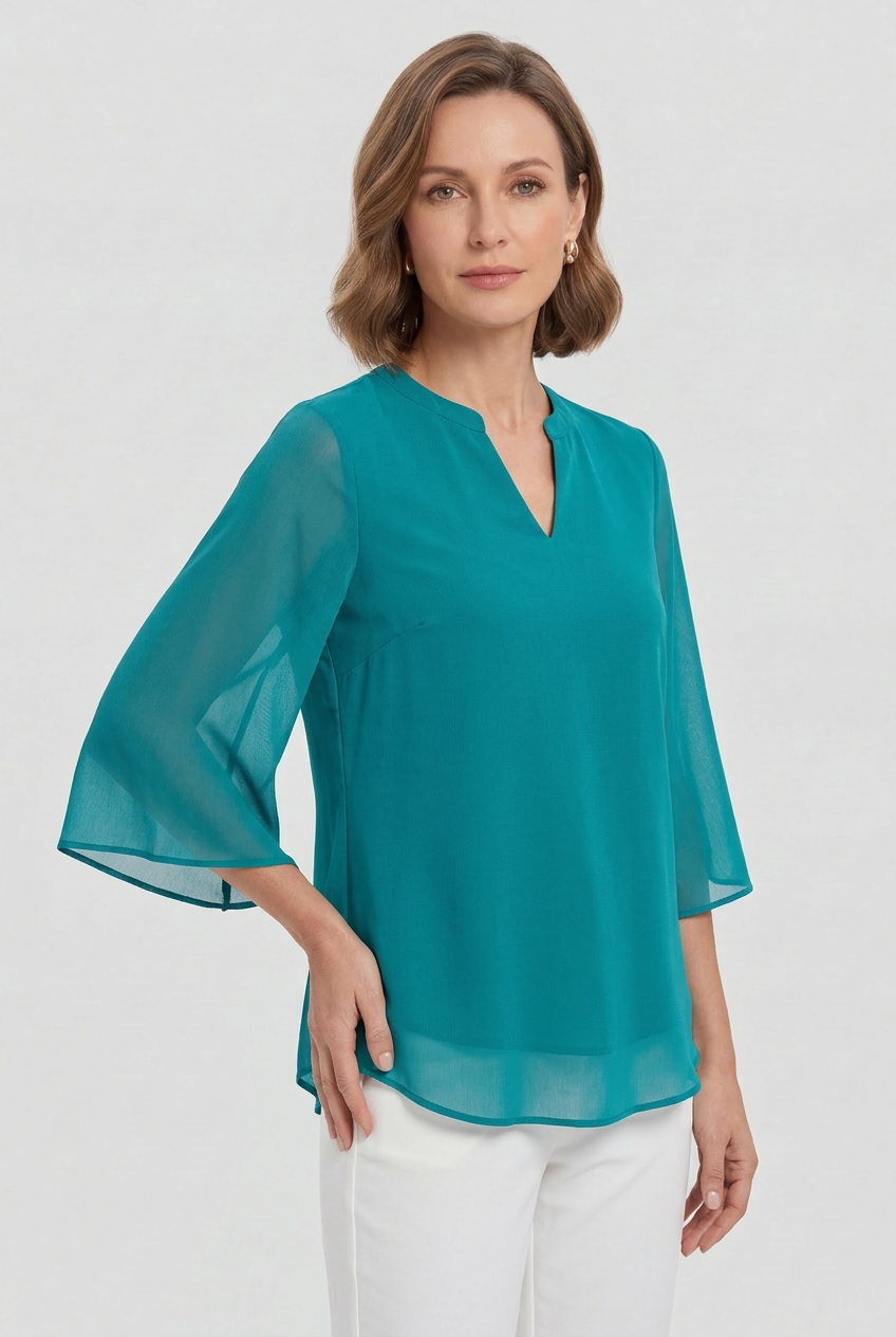 Going Out Top | Notch Neck with Sheer Split Sleeves - 5