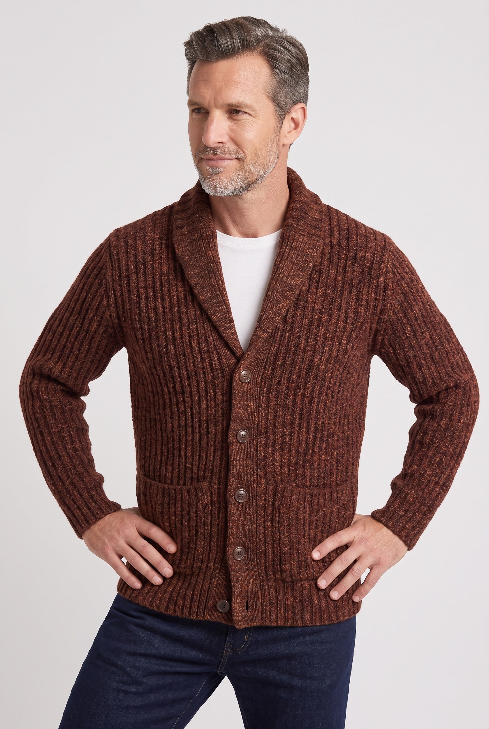 Men's Cardigan | Chunky Knit Shawl Collar - Brown