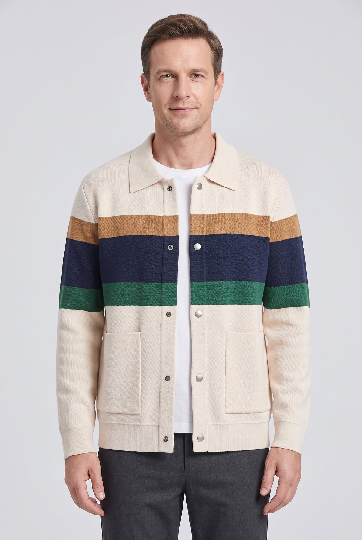 Men's Cardigan | Collared Colour Block - Beige