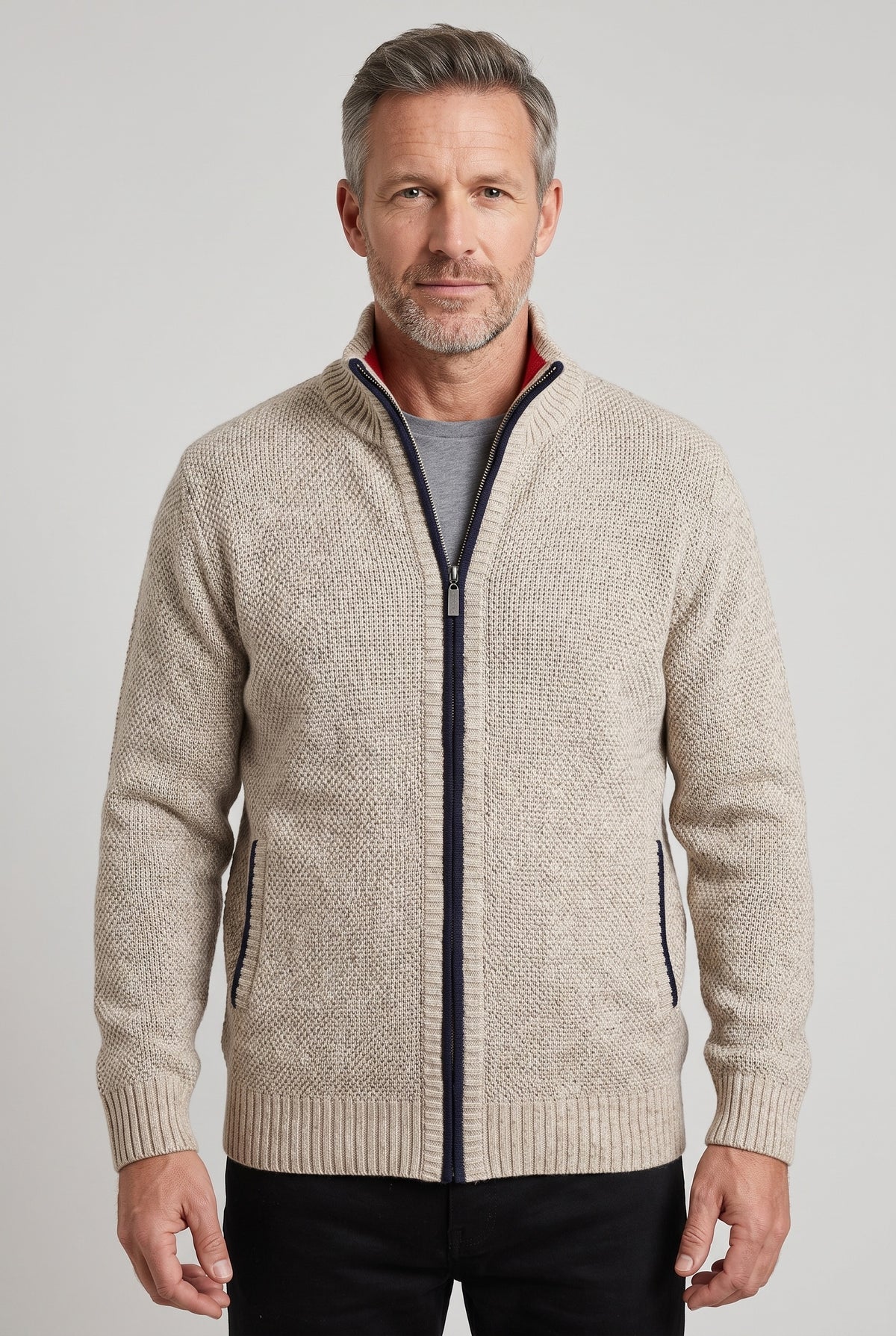 Men's Cardigan | Fleece-Lined Zip Front - Beige