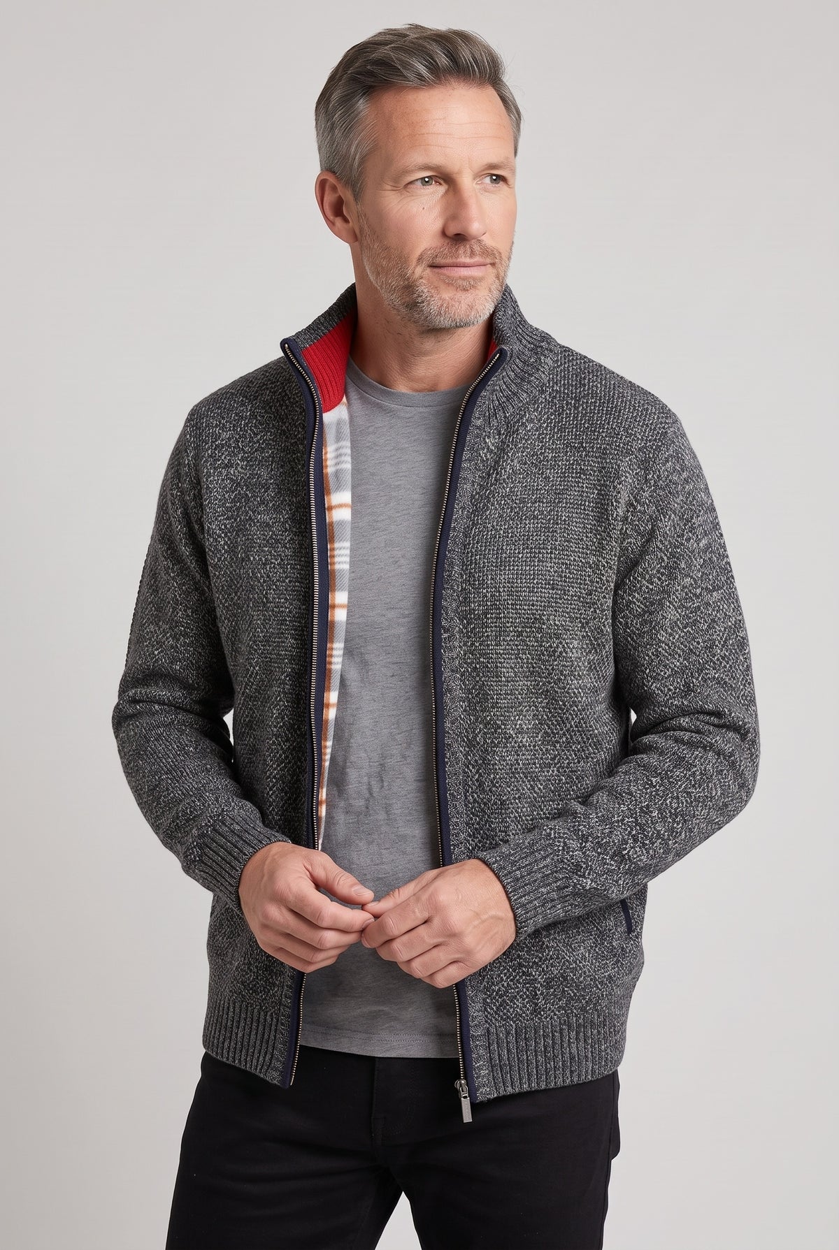 Men's Cardigan | Fleece-Lined Zip Front - Dark Grey