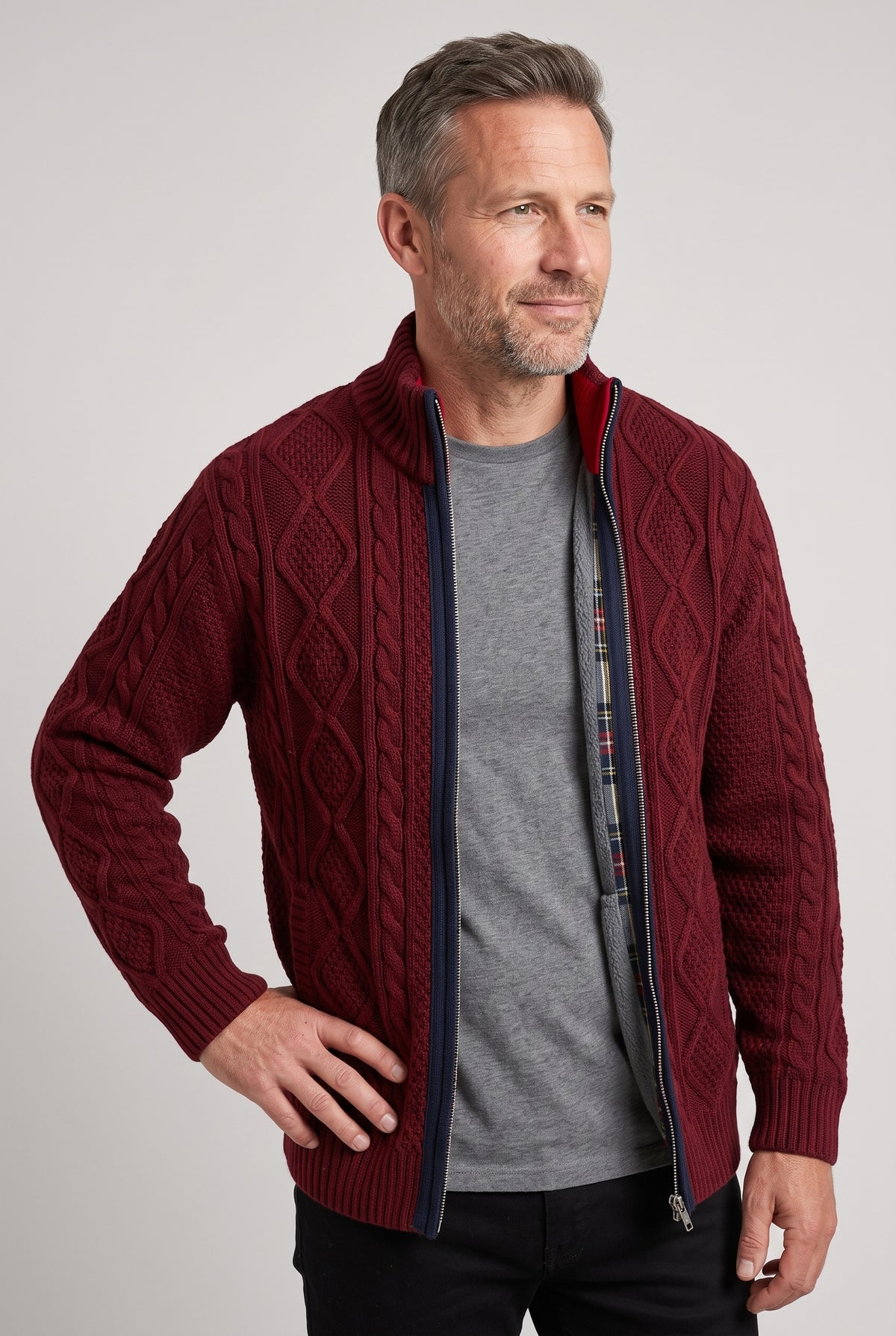 Men's Cardigan | Fleece-Lined Zip Front - Patterned Red