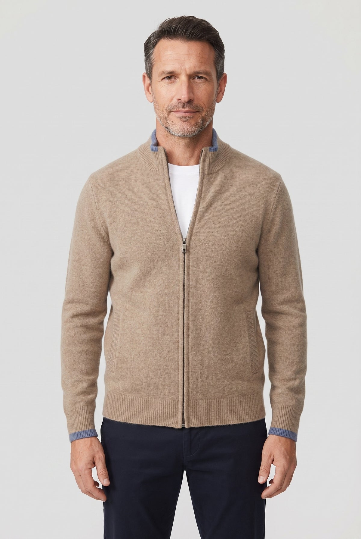 Men's Cardigan | Full-Zip with Ribbed Trims - Khaki
