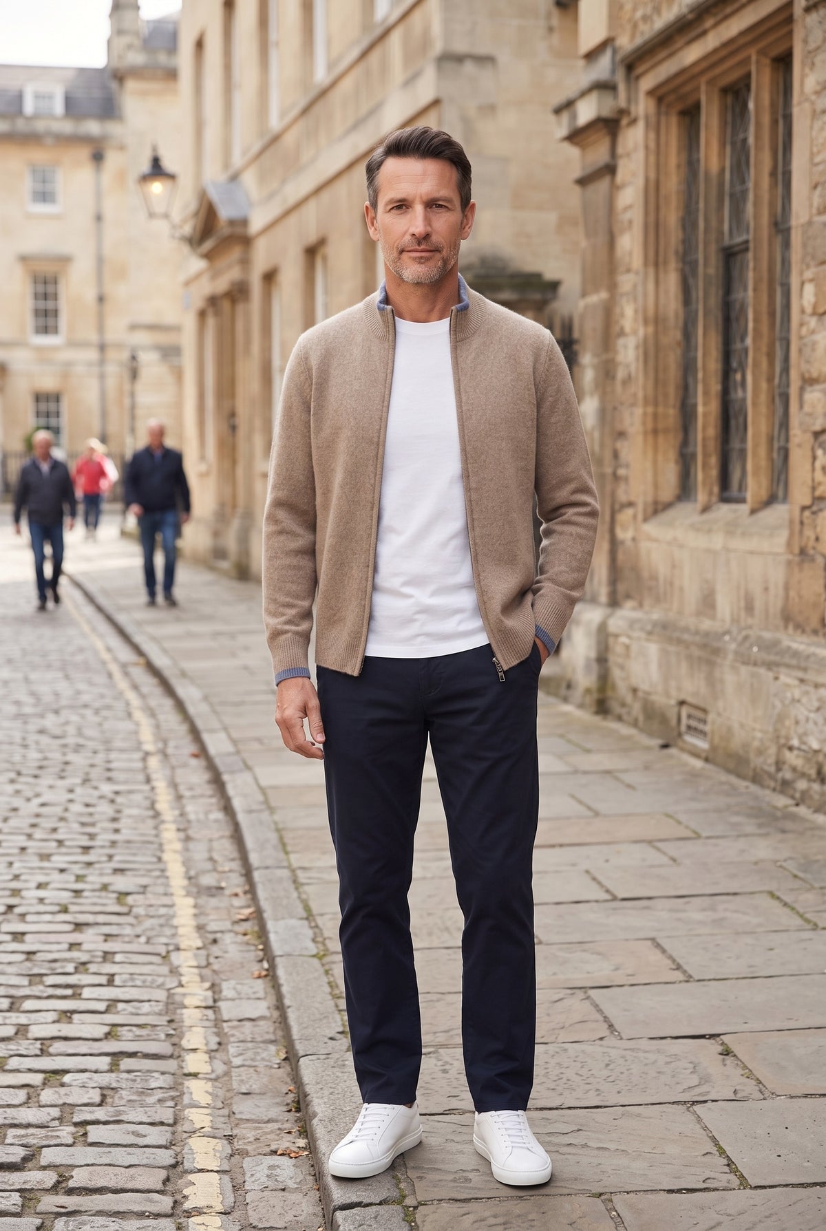 Men's Cardigan | Full-Zip with Ribbed Trims - Khaki lifestyle