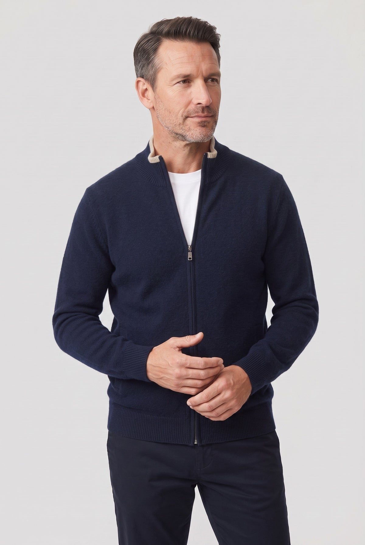 Men's Cardigan | Full-Zip with Ribbed Trims - Navy Blue