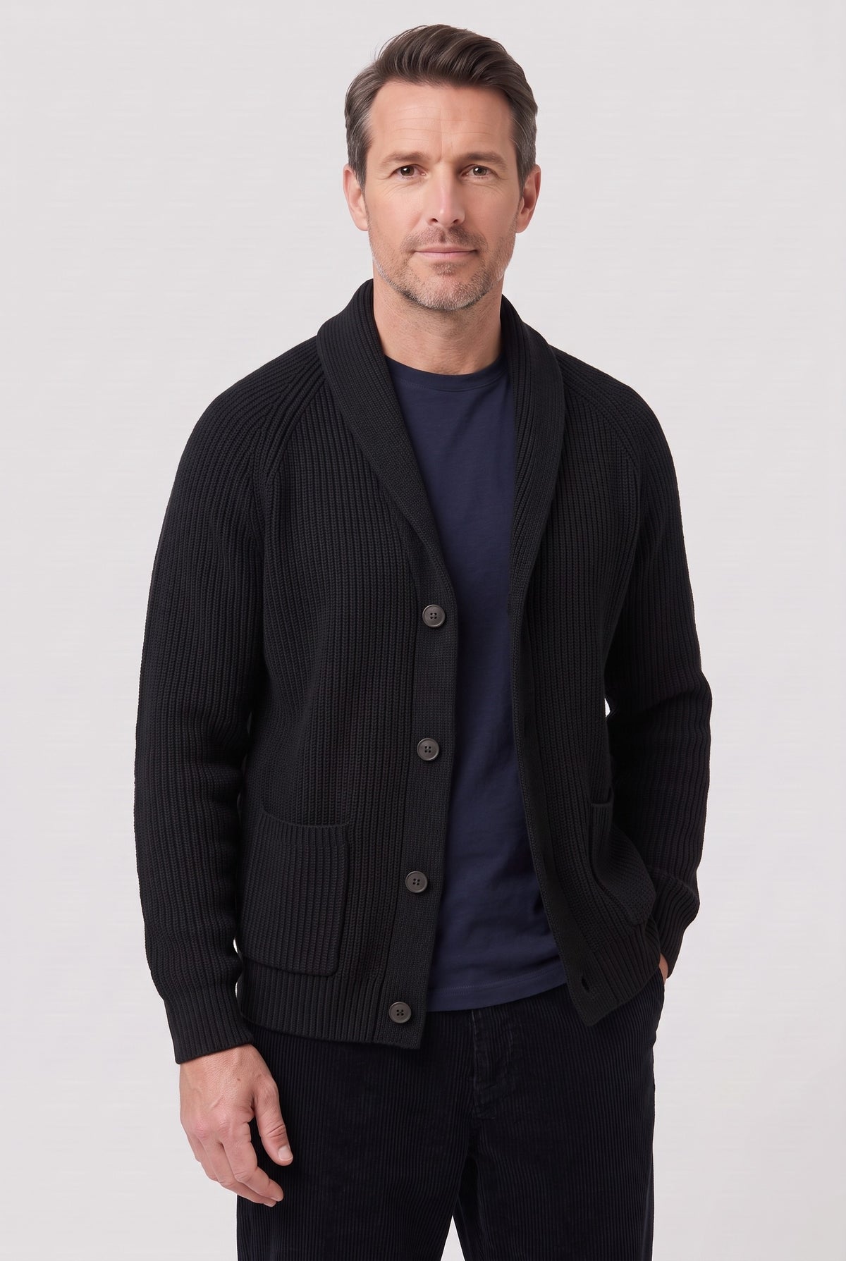 Men's Cardigan | Ribbed Shawl Collar - Black