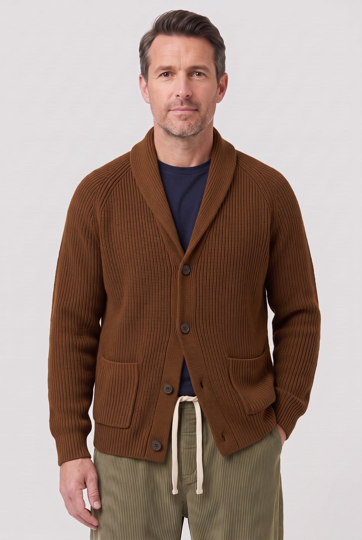 Men's Cardigan | Ribbed Shawl Collar - Brown