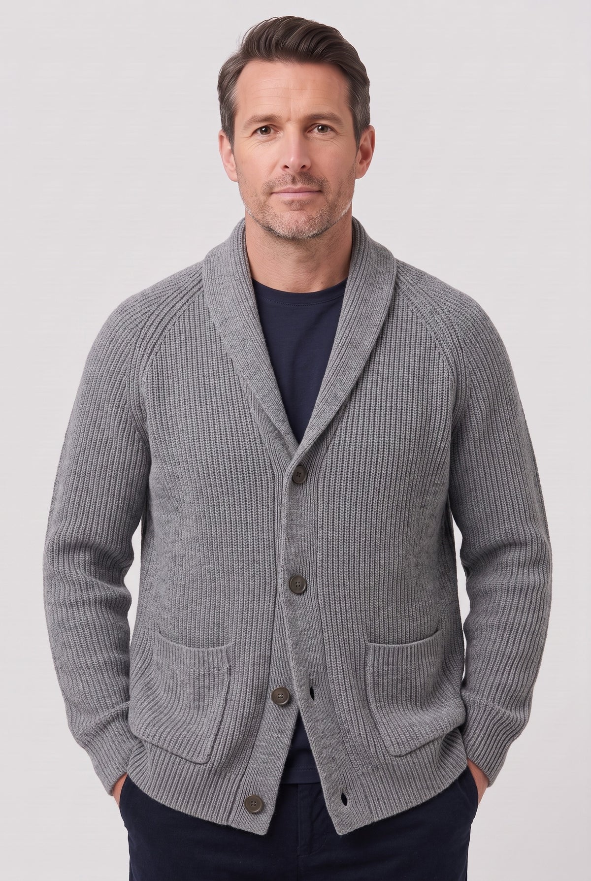 Men's Cardigan | Ribbed Shawl Collar - Grey