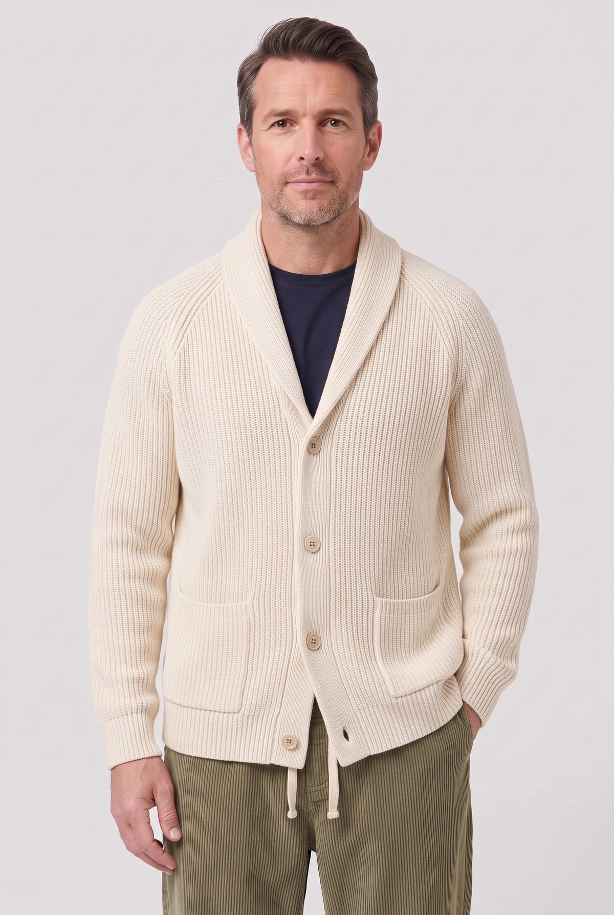Men's Cardigan | Ribbed Shawl Collar - White