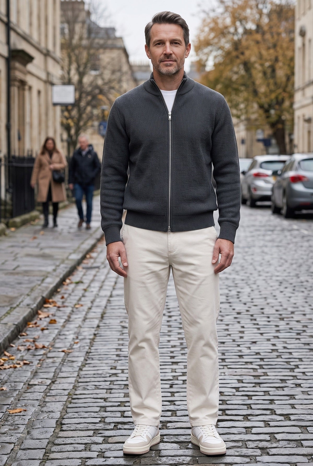 Men's Cardigan | Ribbed Zip Stand Collar - Grey Lifestyle