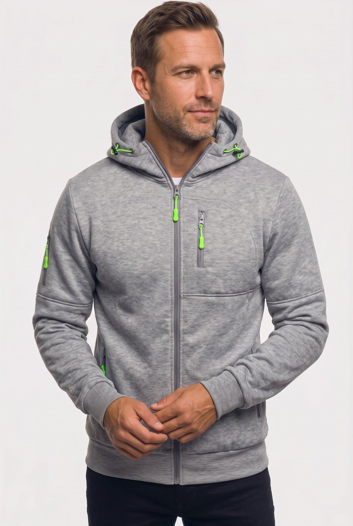 Men's Hoodie | Full Zip with Multiple Zipped Pockets - Light Grey