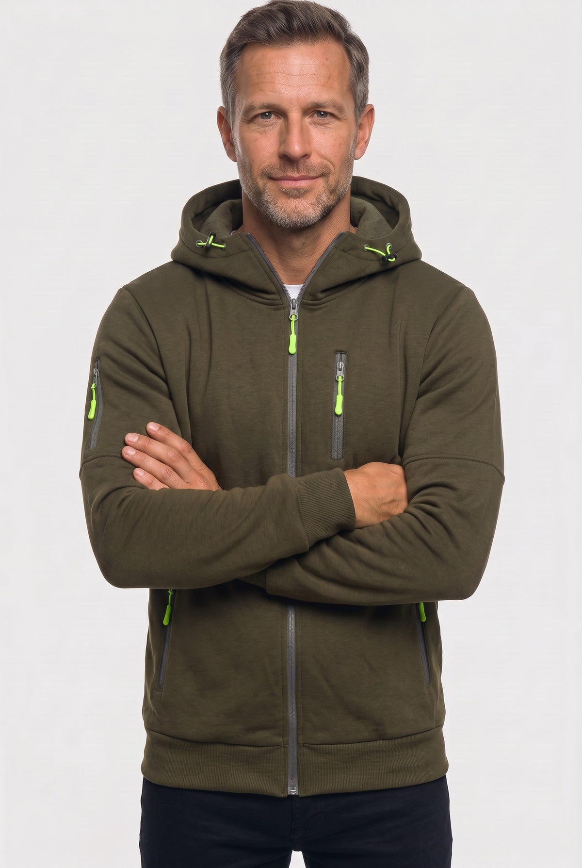 Men's Hoodie | Full Zip with Multiple Zipped Pockets - Dark Green