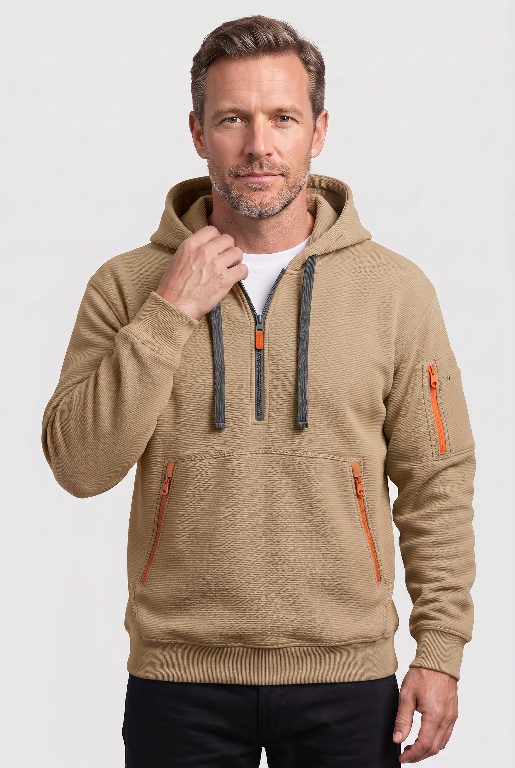 Men's Hoodie | Quarter Zip with Multiple Pockets - Khaki