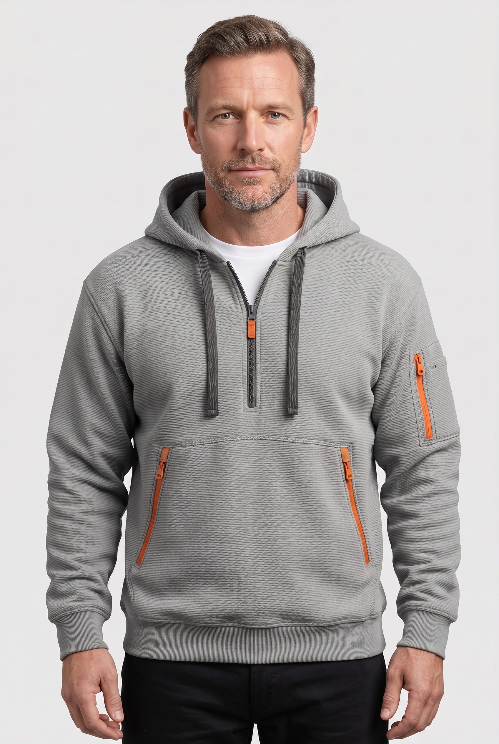 Men's Hoodie | Quarter Zip with Multiple Pockets - Light Grey