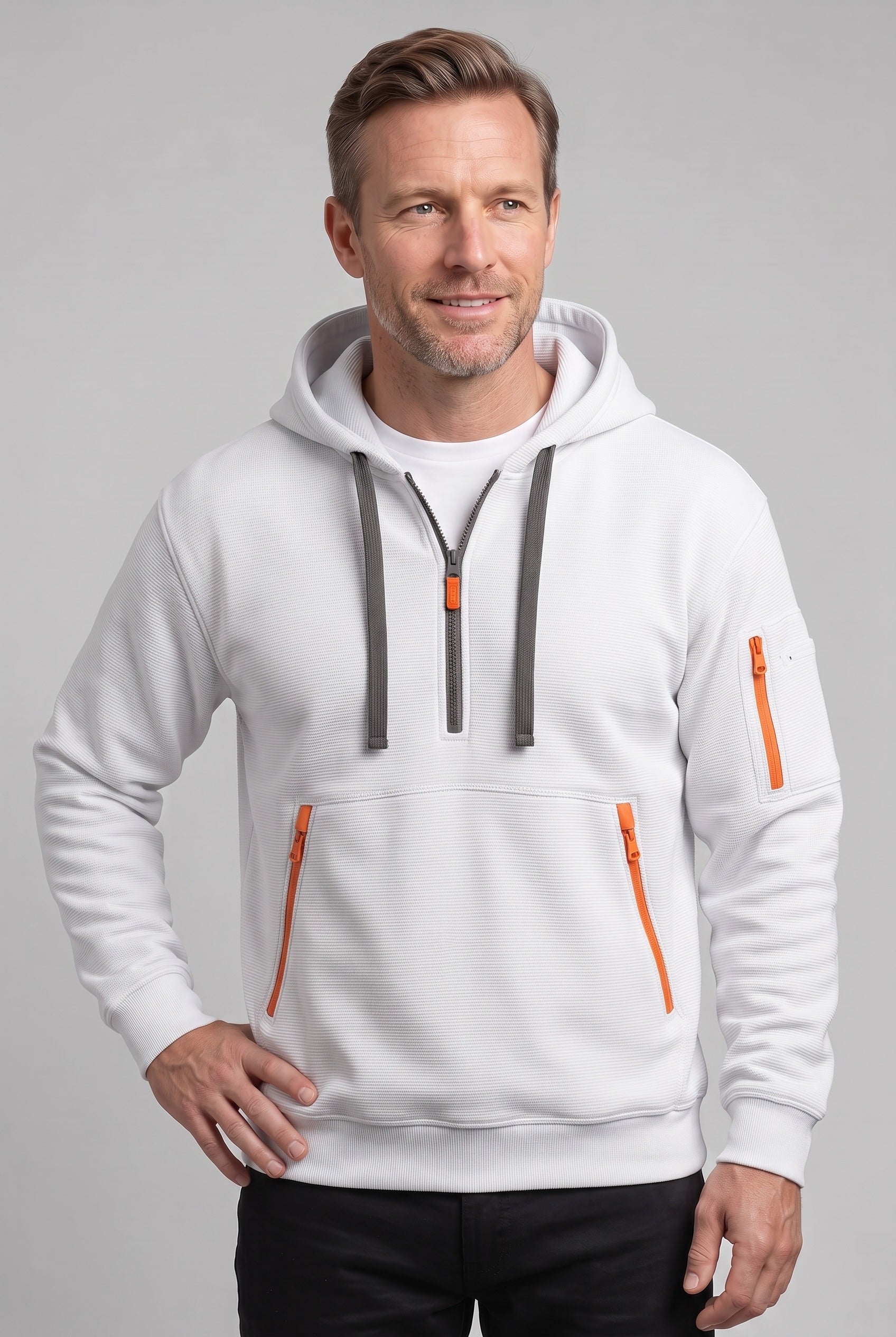 Men's Hoodie | Quarter Zip with Multiple Pockets - White