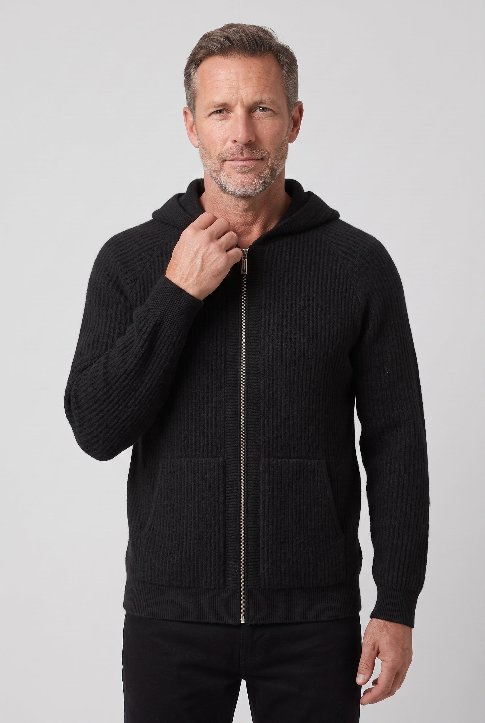 Men's Hoodie | Zip-Up Ribbed Knit - Black