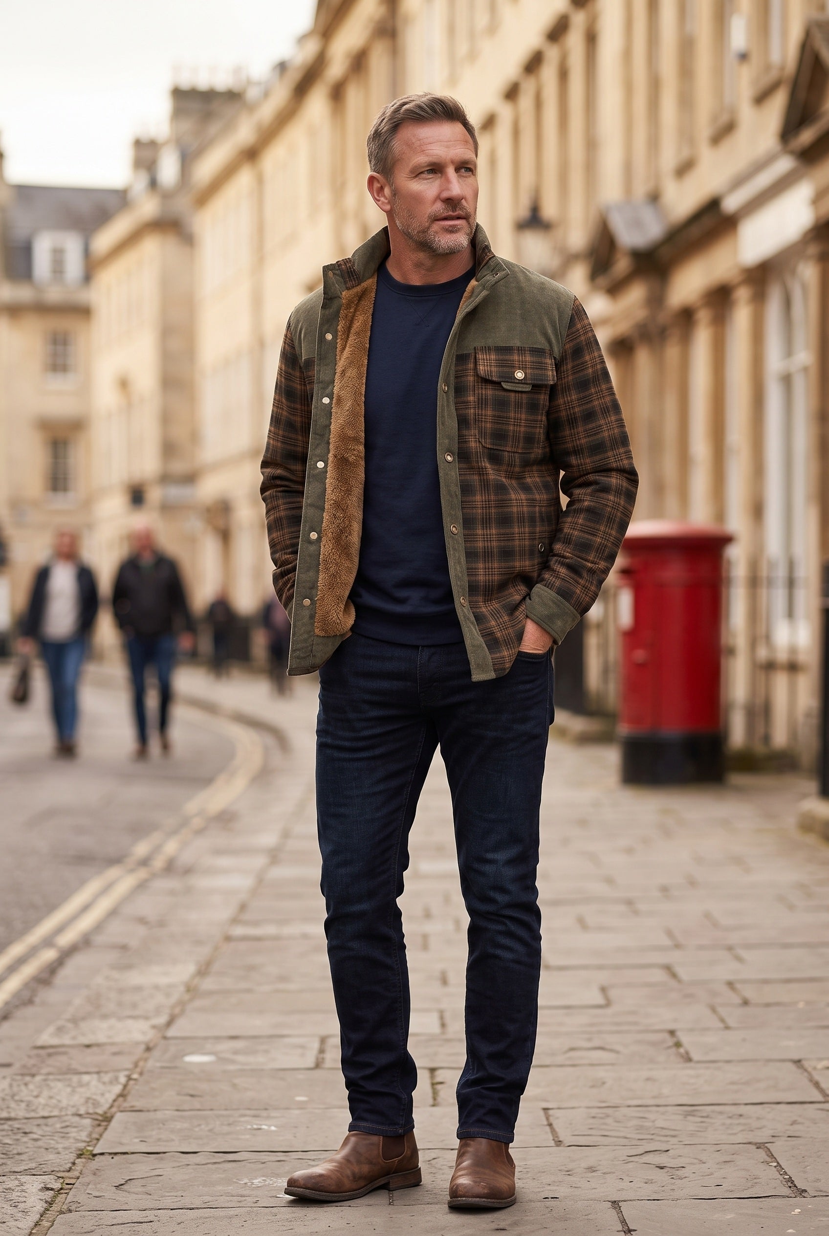 Men's Jacket | Corduroy-Collar Check Shacket - Army Green lifestyle