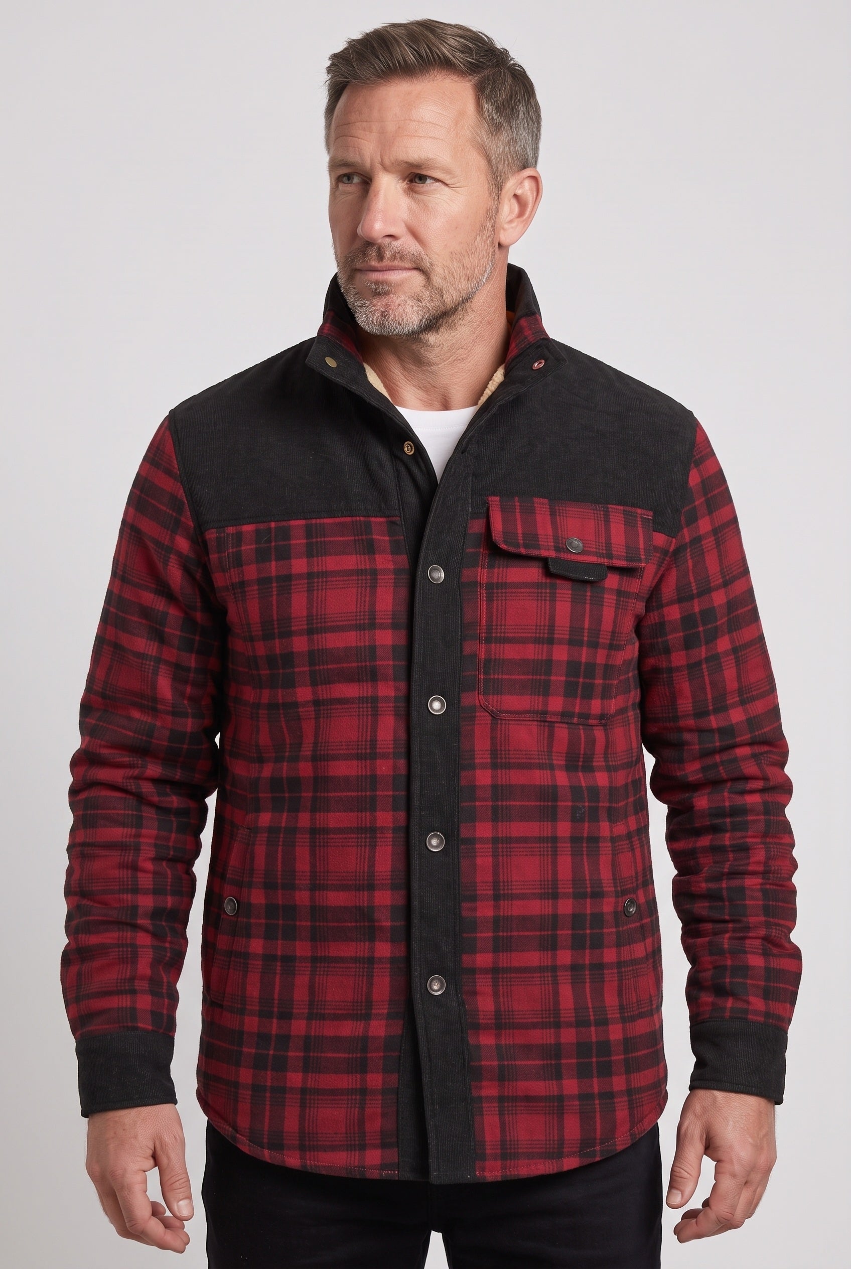 Men's Jacket | Corduroy-Collar Check Shacket - Red