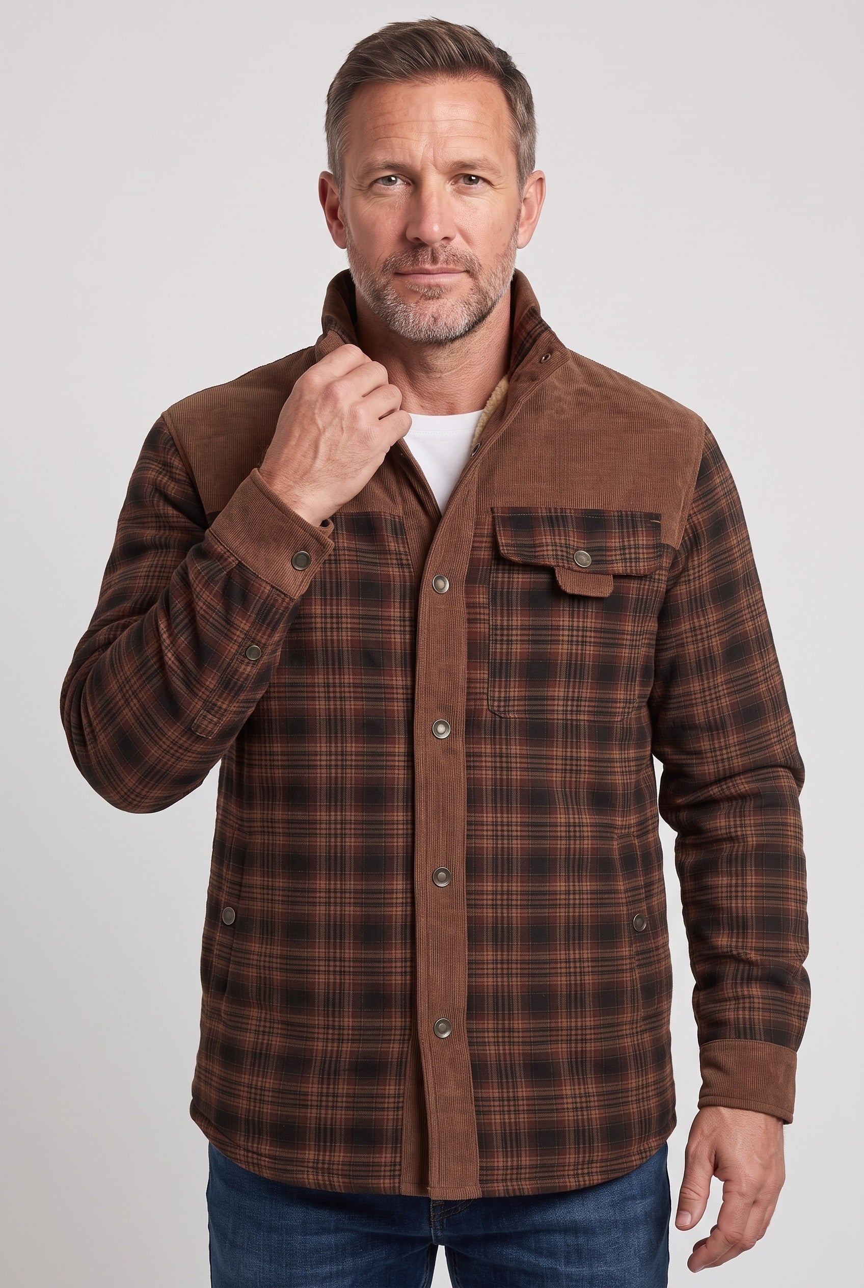 Men's Jacket | Corduroy-Collar Check Shacket - Red Wine