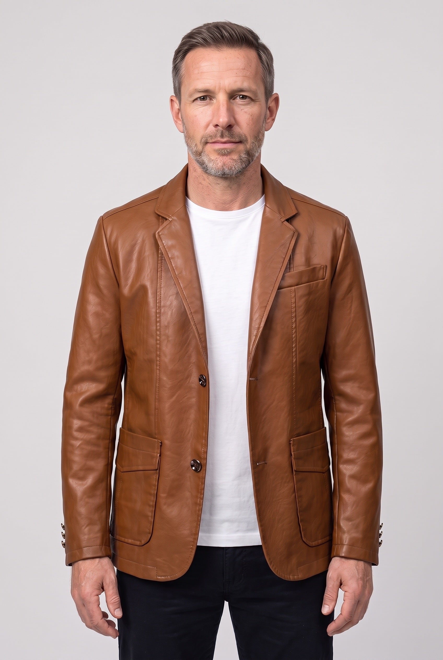 Men's Jacket | Leather-Look Blazer - Cognac Brown