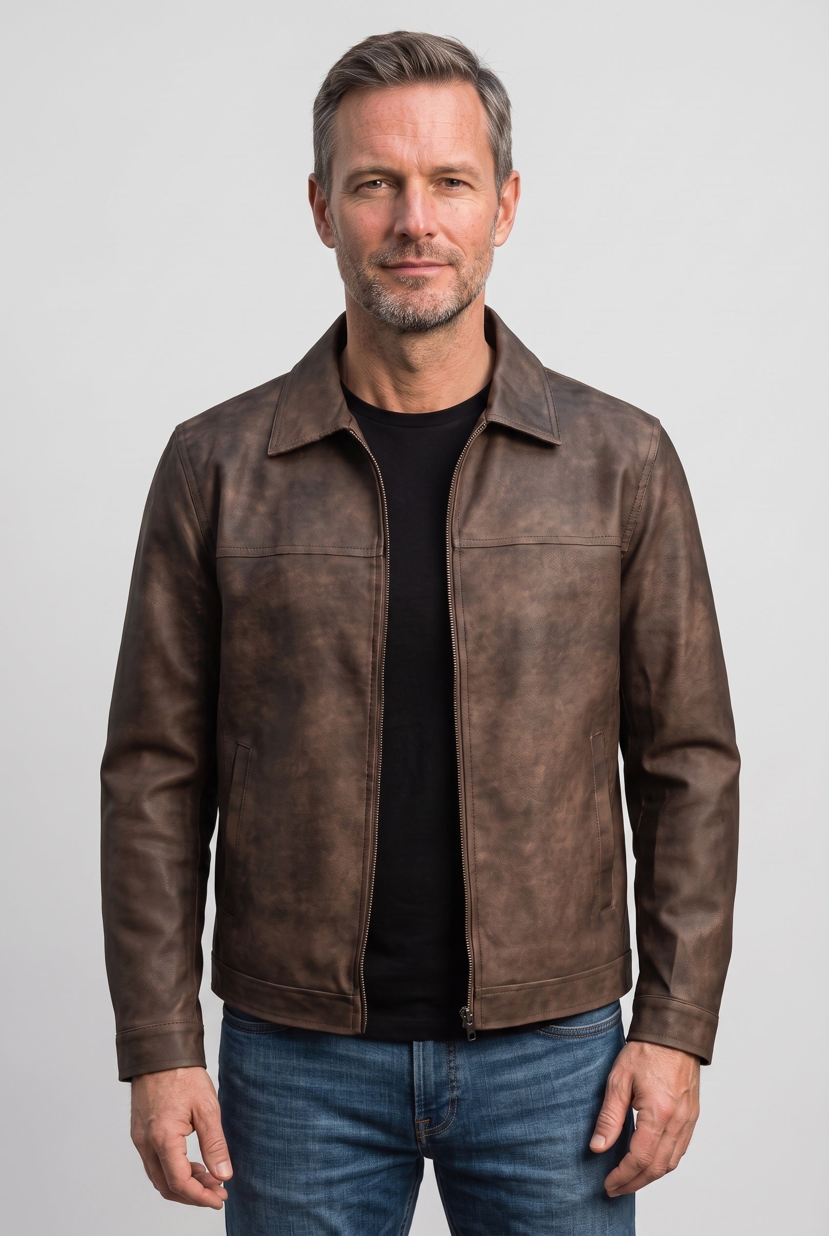 Men's Jacket | Leather-Look with Turn-Down Collar - Brown