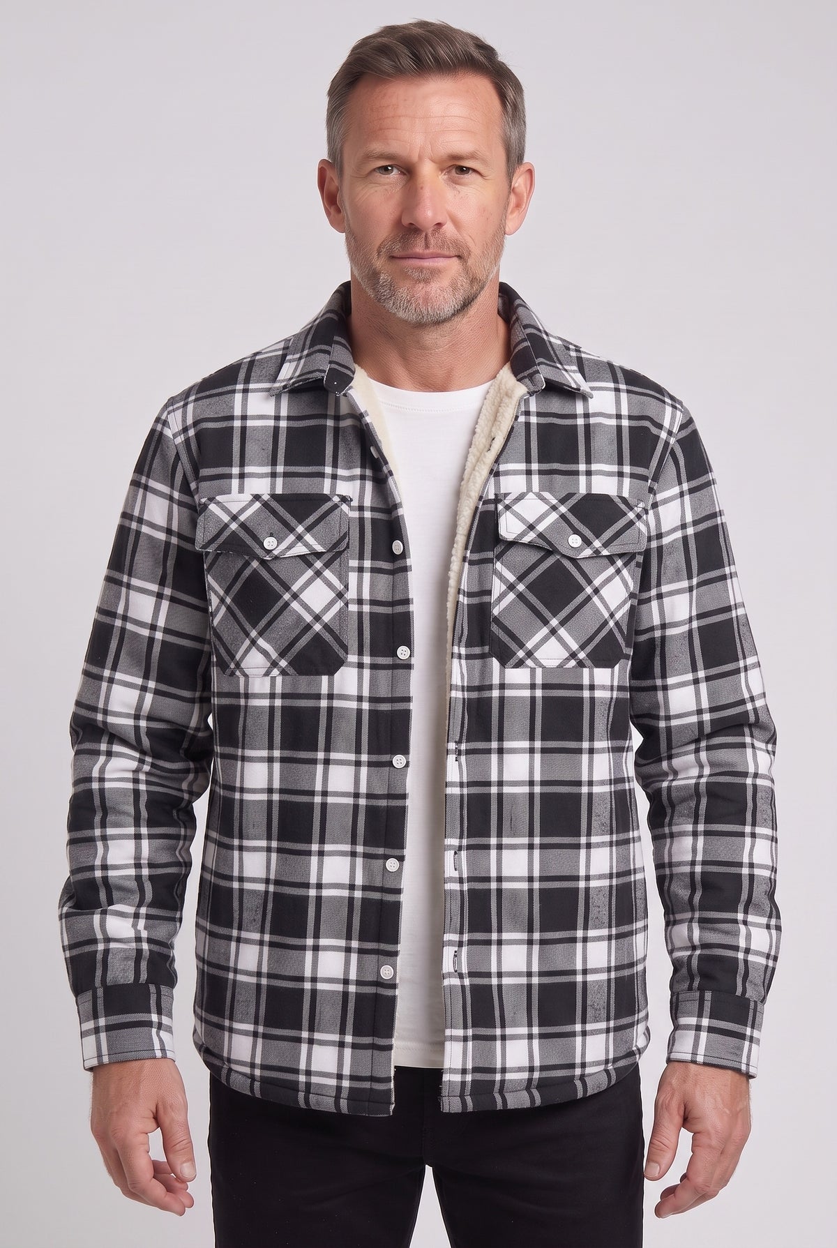 Men's Jacket | Sherpa-Lined Check Overshirt - Black