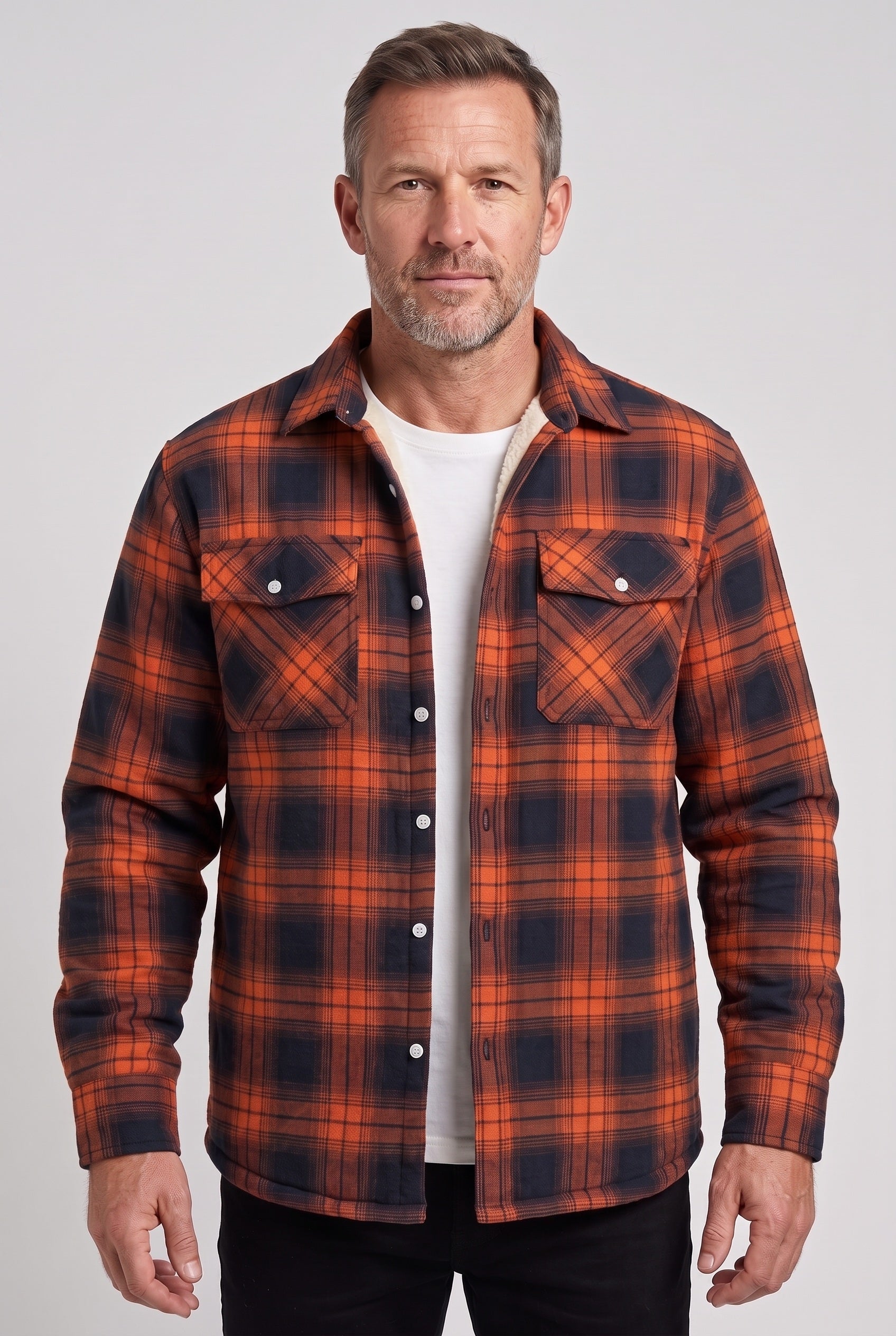 Men's Jacket | Sherpa-Lined Check Overshirt - Orange