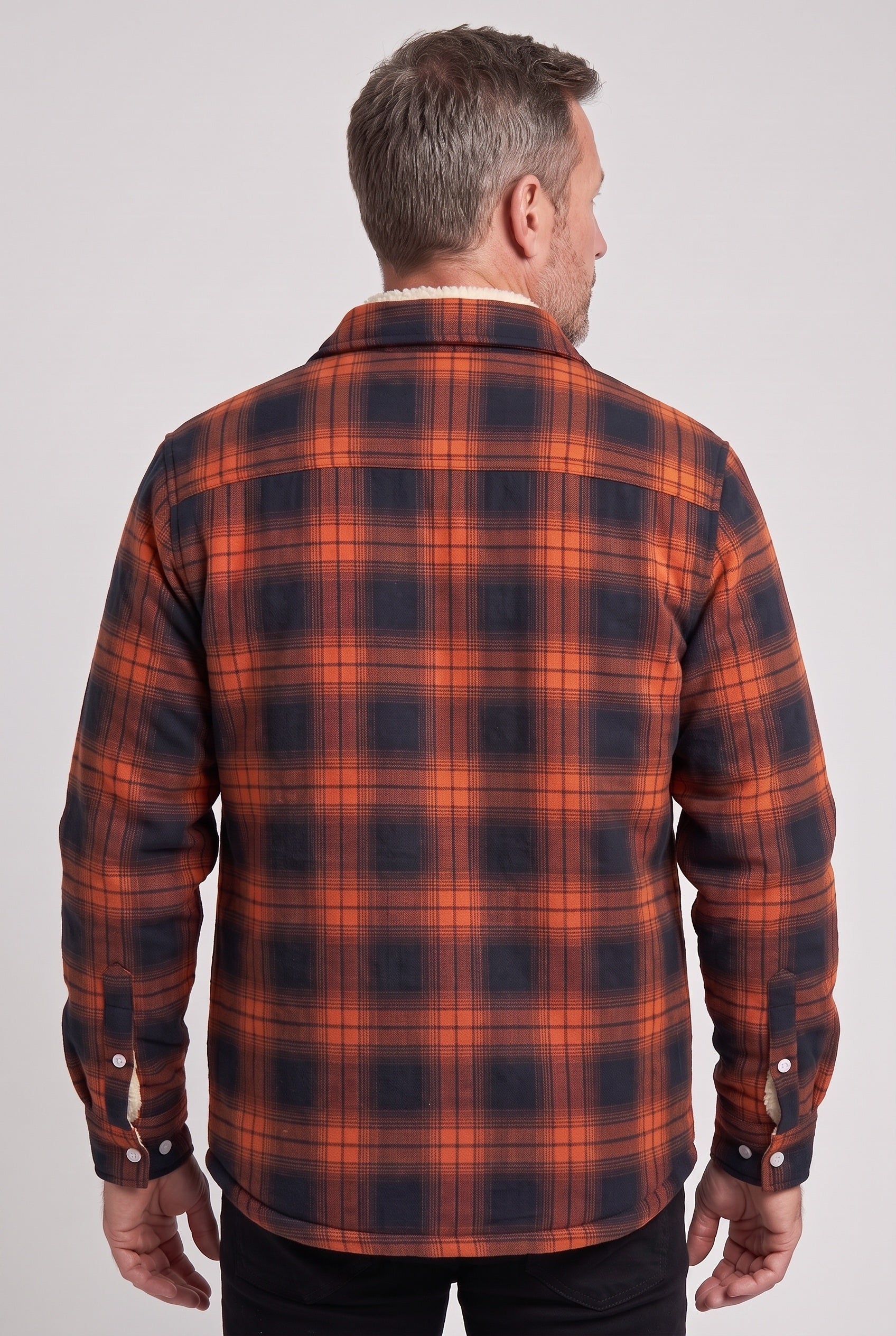 Men's Jacket | Sherpa-Lined Check Overshirt - Orange back