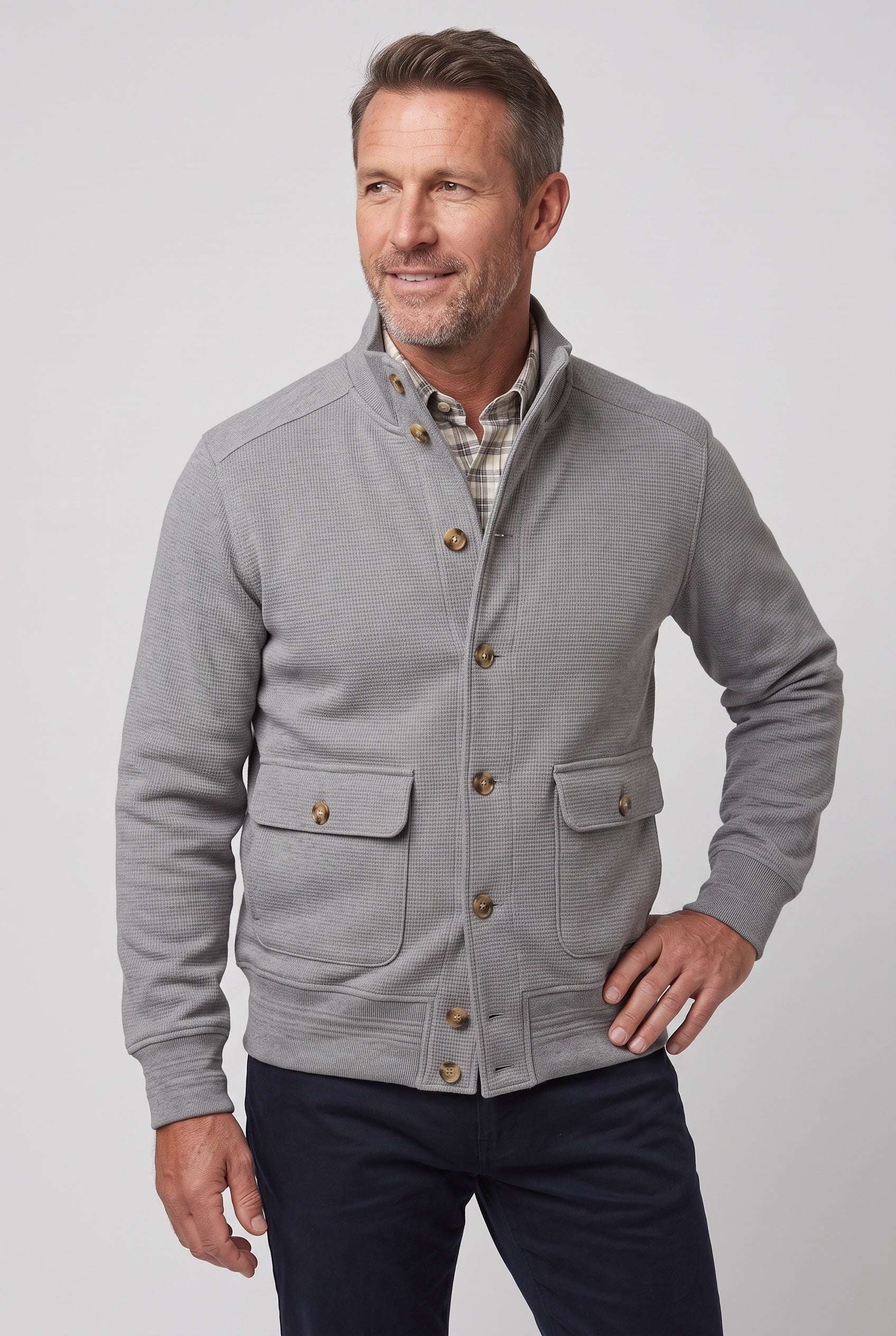 Men's Jacket | Stand Collar Button-Front - Grey