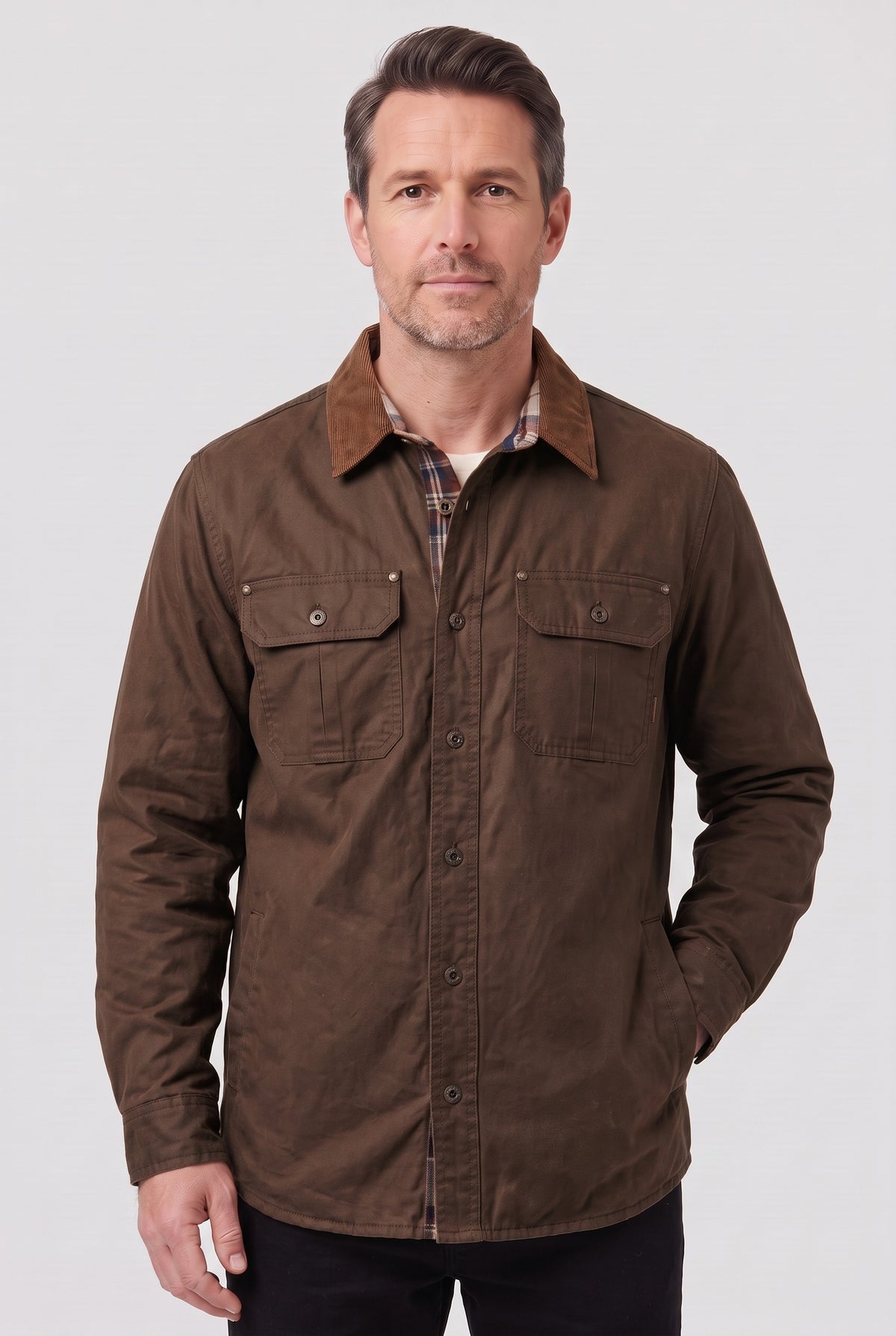 Men's Jacket | Waxed Check-Lined Overshirt - Coffee