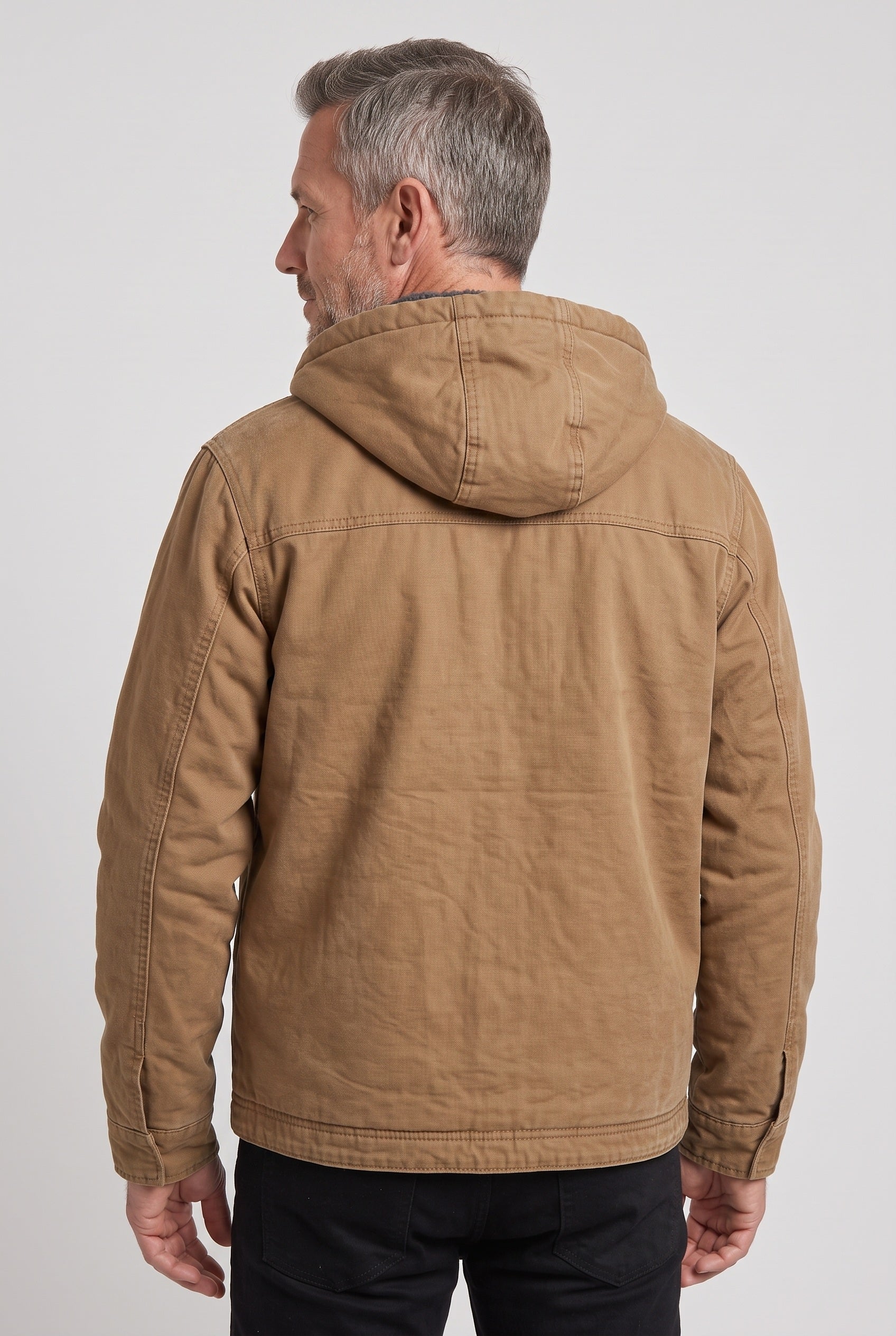 Men's Jacket | Hooded Fleece-Lined Zip-Up - Brown back