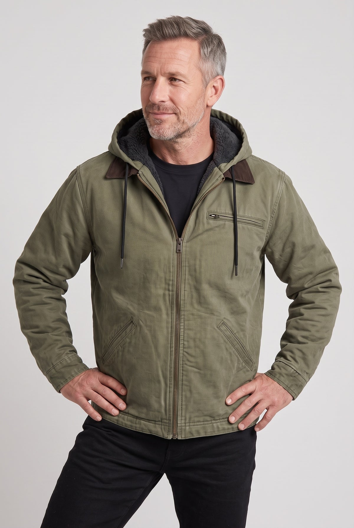 Men's Jacket | Hooded Fleece-Lined Zip-Up - Green