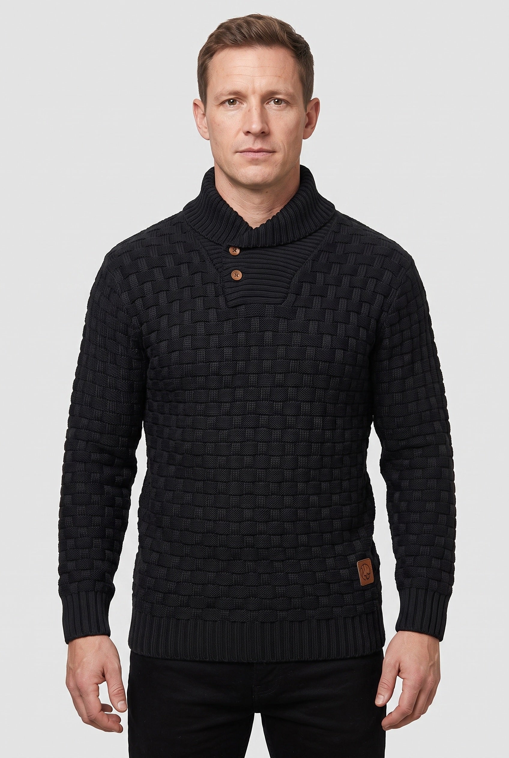 Men's Knitted Jumper | Button Shawl Collar - Black
