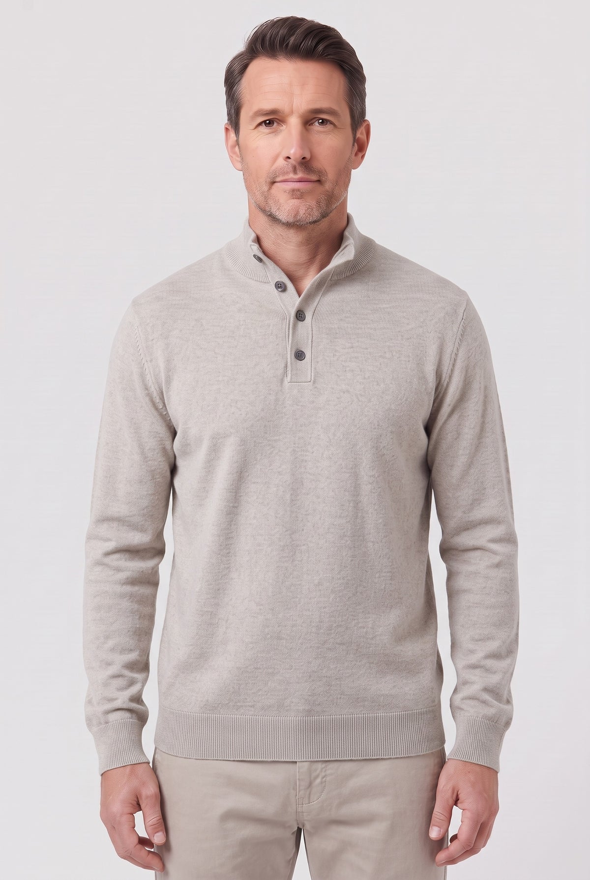 Men's Knitted Jumper | Buttoned Polo Collar - Light Grey