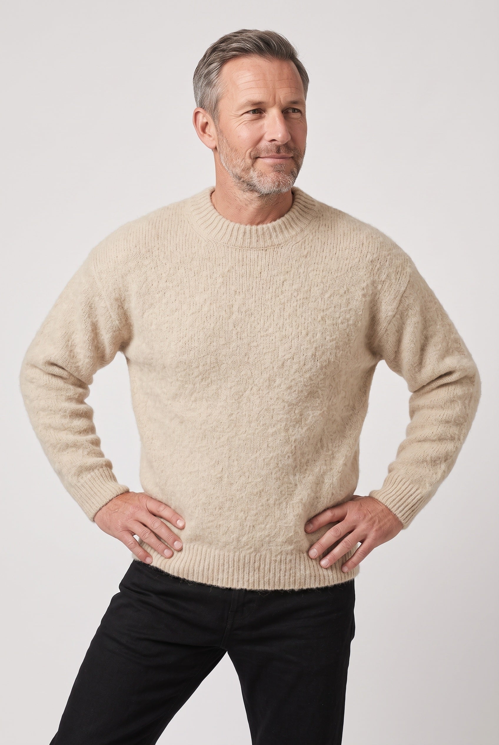 Men's Knitted Jumper | Crew Neck Textured - Beige