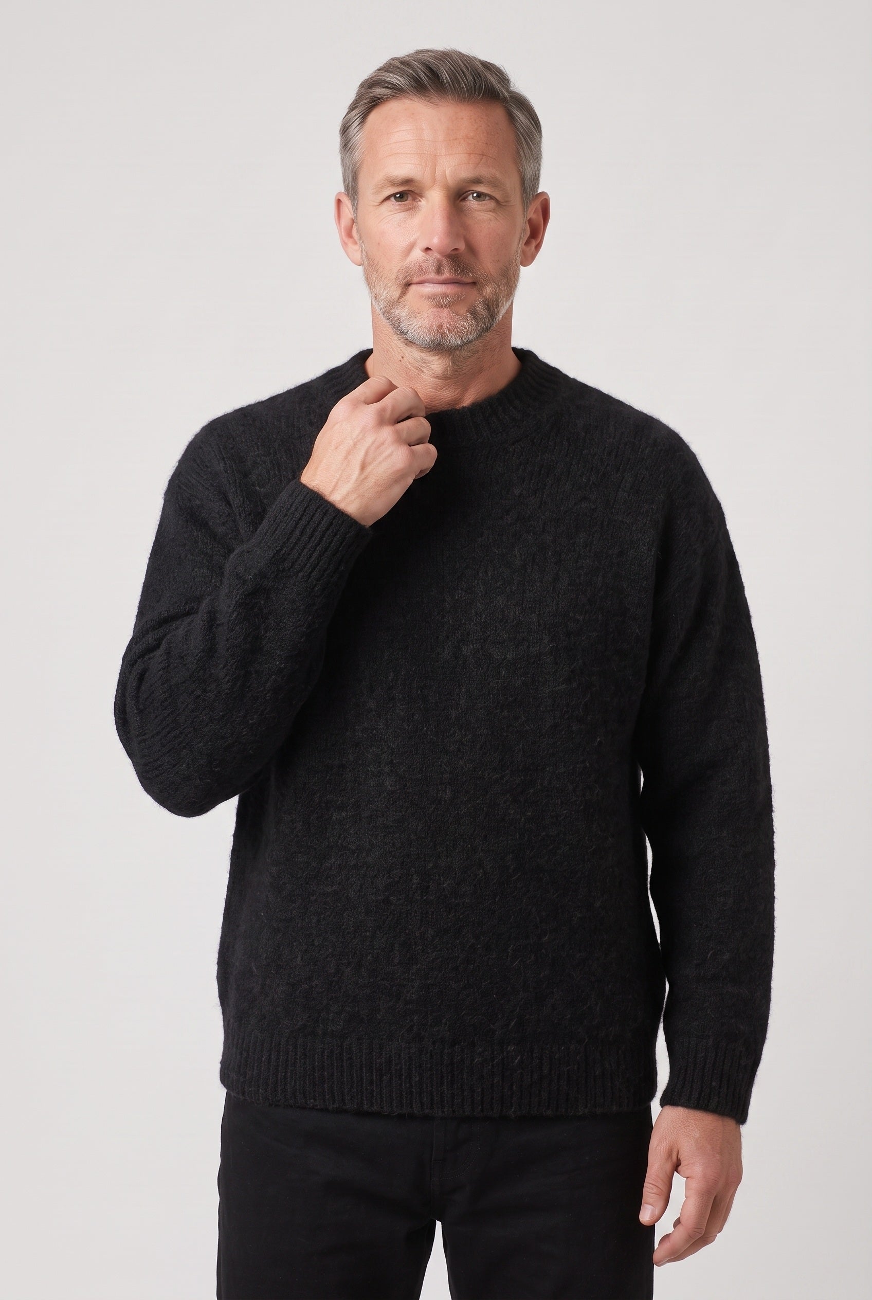 Men's Knitted Jumper | Crew Neck Textured - Black