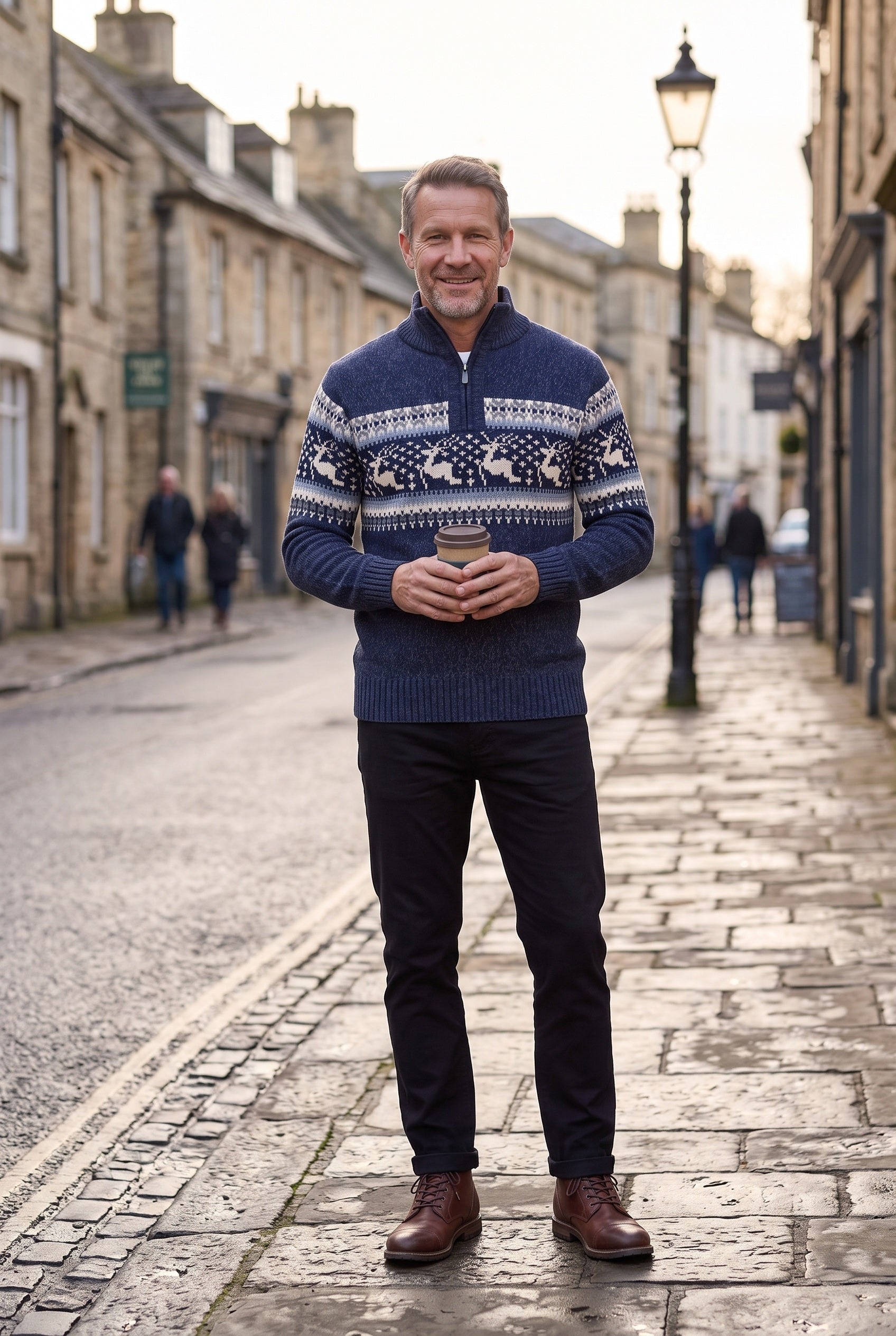Men's Knitted Jumper | Fair Isle Half-Zip - Navy lifestyle