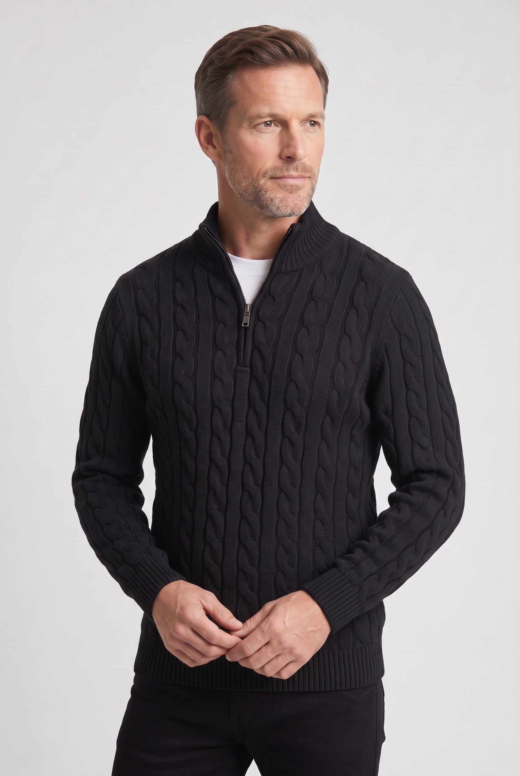 Men's Knitted Jumper | Half Zip Cable Knit - Black