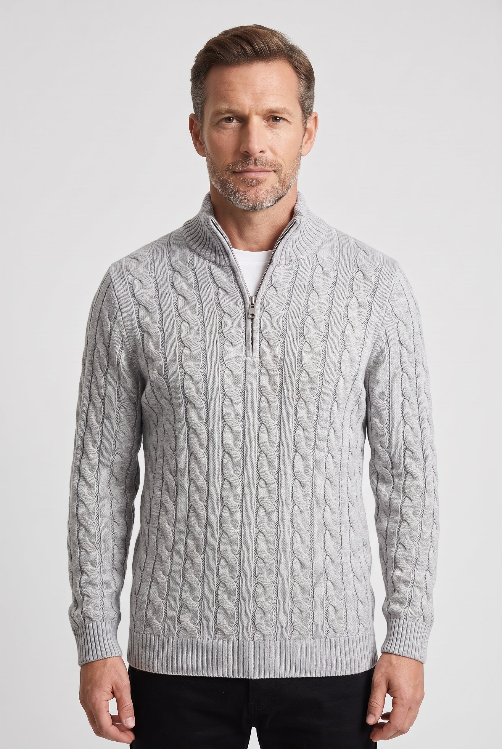 Men's Knitted Jumper | Half Zip Cable Knit - Grey