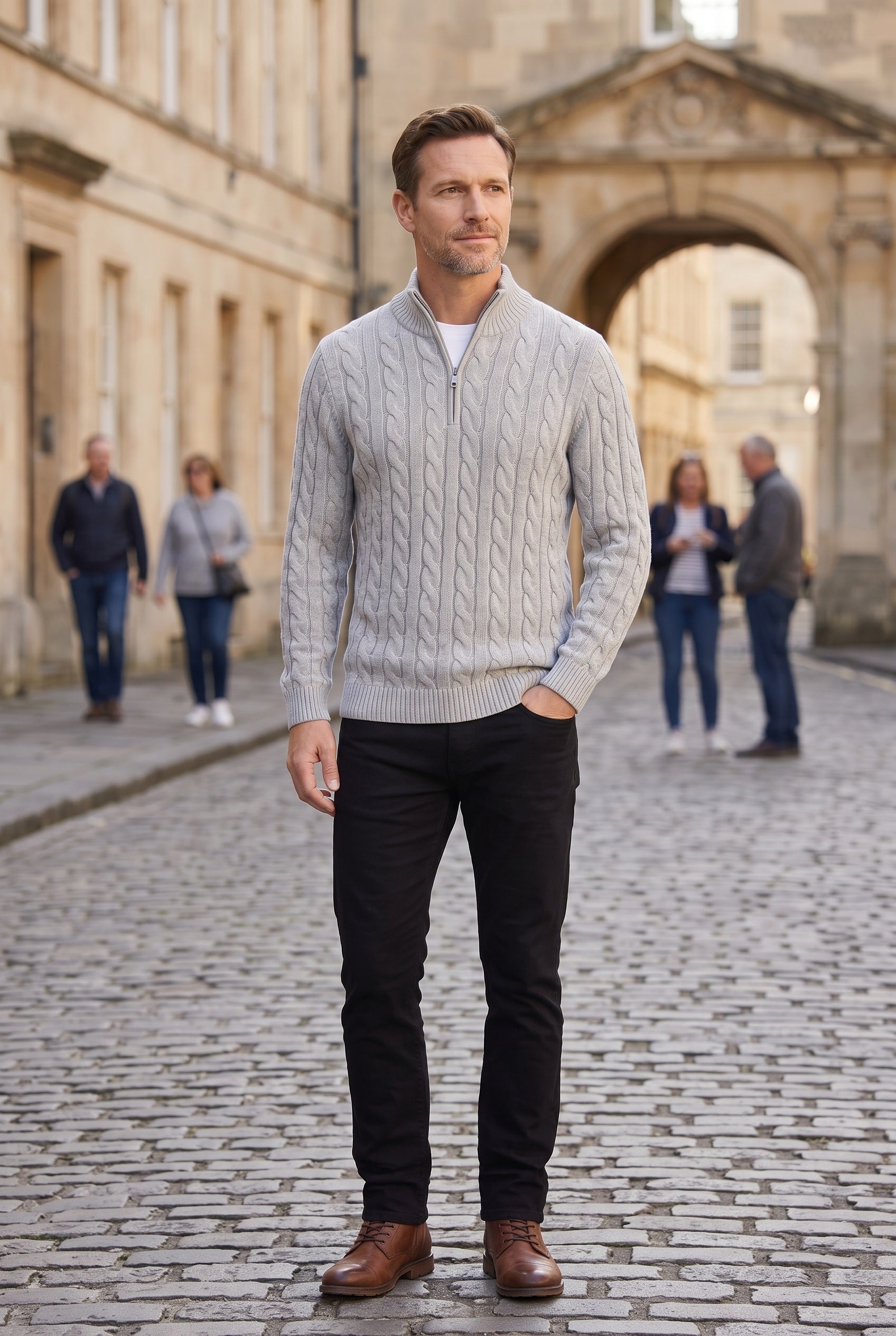 Men's Knitted Jumper | Half Zip Cable Knit - Grey lifestyle