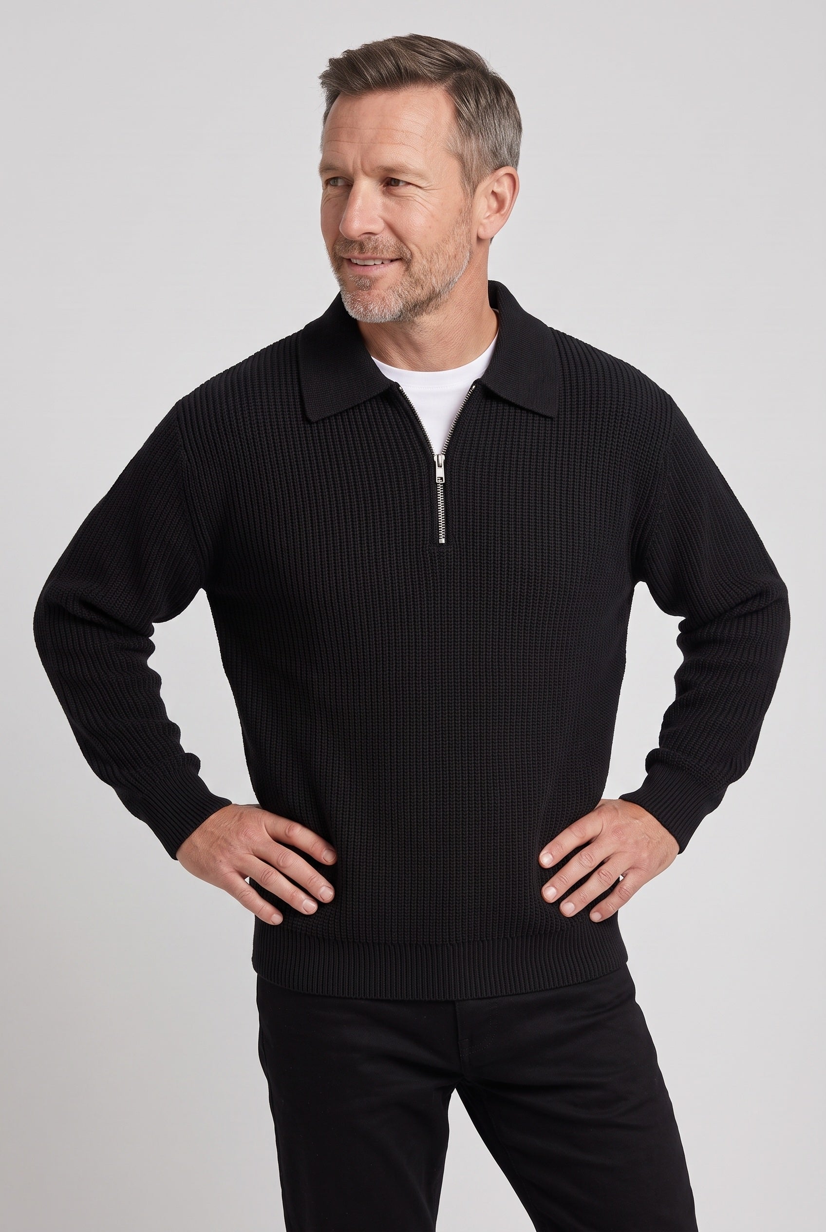 Men's Knitted Jumper | Quarter Zip Collar - Black