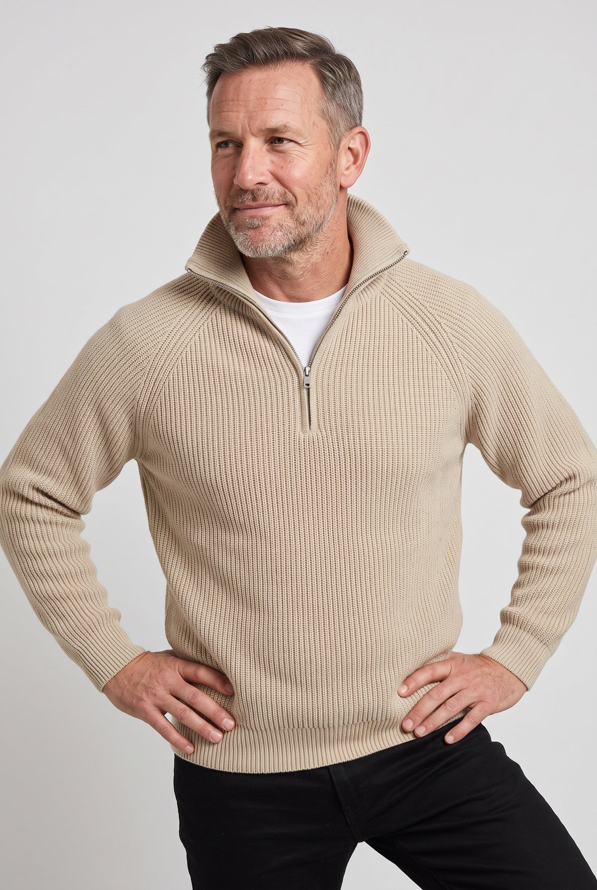 Men's Knitted Jumper | Quarter Zip Ribbed - Beige