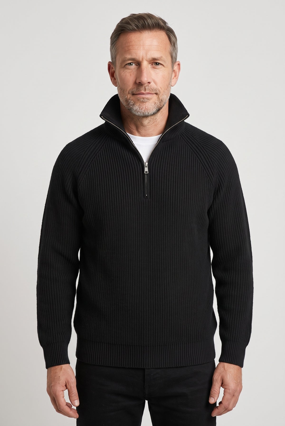 Men's Knitted Jumper | Quarter Zip Ribbed - Black