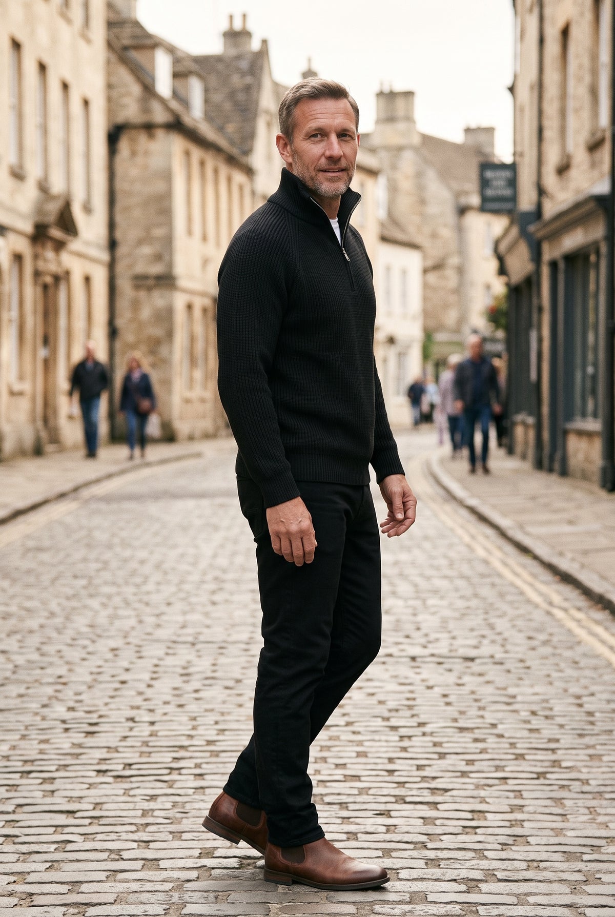 Men's Knitted Jumper | Quarter Zip Ribbed - Black lifestyle