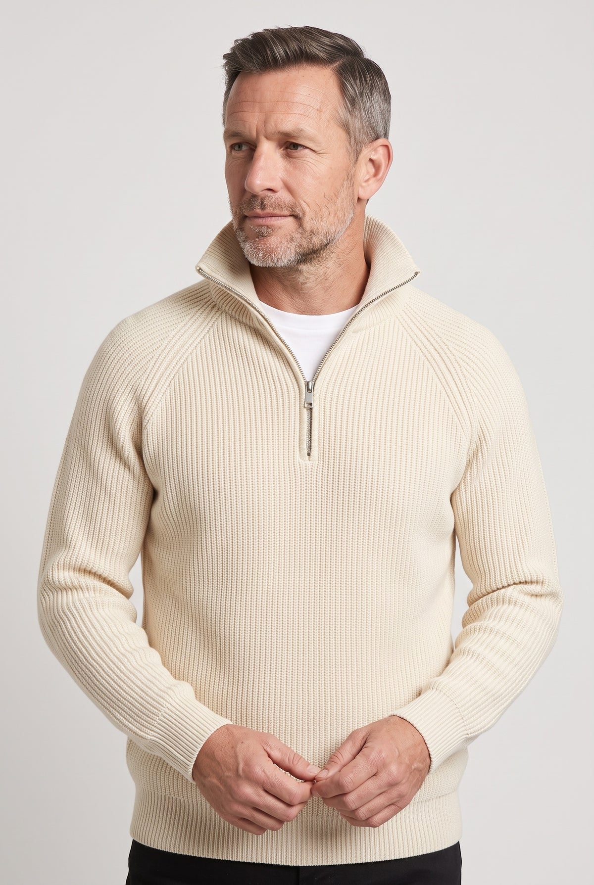 Men's Knitted Jumper | Quarter Zip Ribbed - Ecru Beige