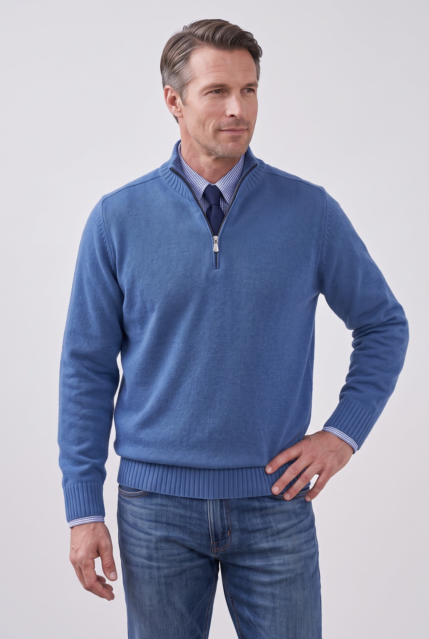 Men's Knitted Jumper | Quarter Zip Stand Collar - Blue