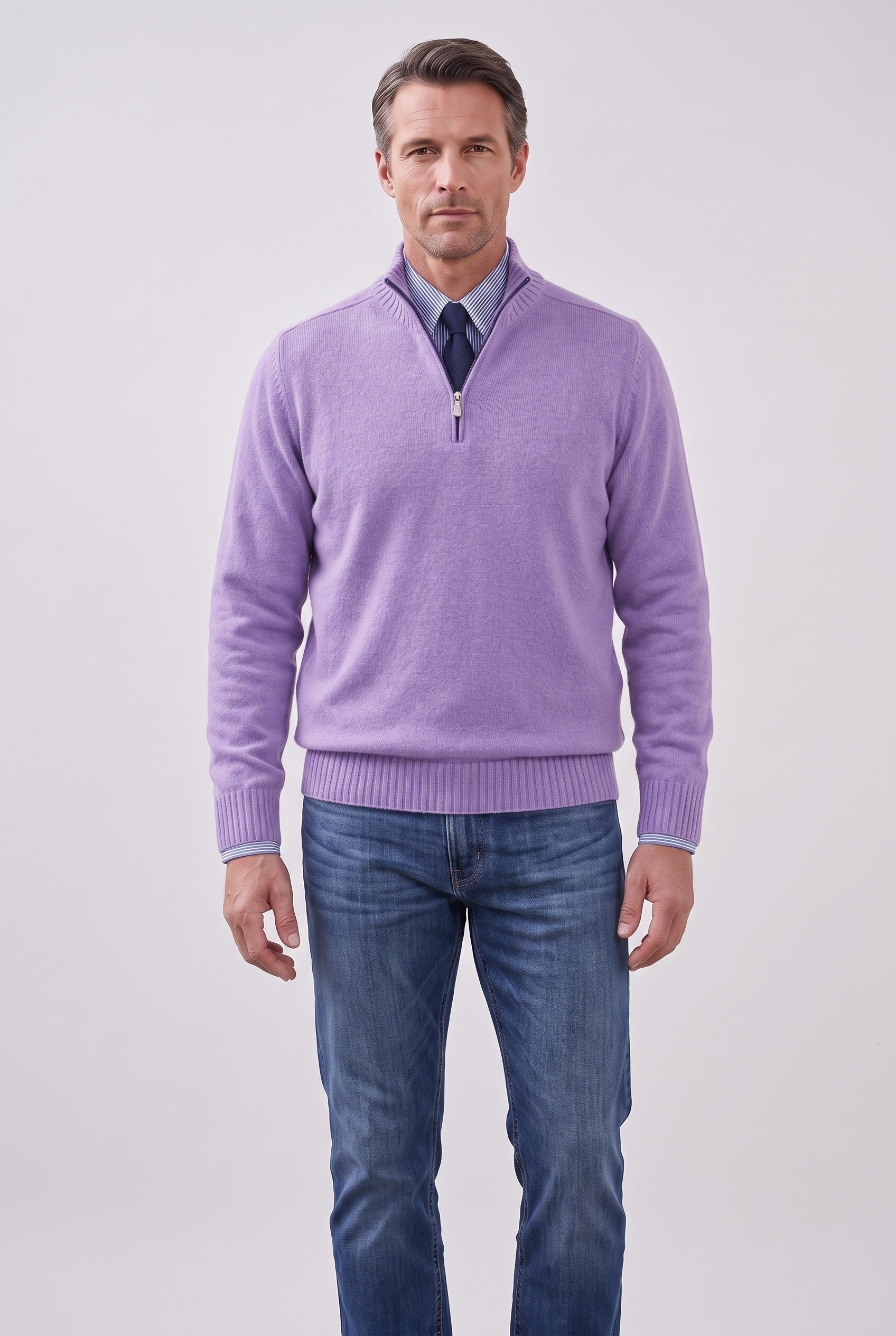 Men's Knitted Jumper | Quarter Zip Stand Collar - Purple