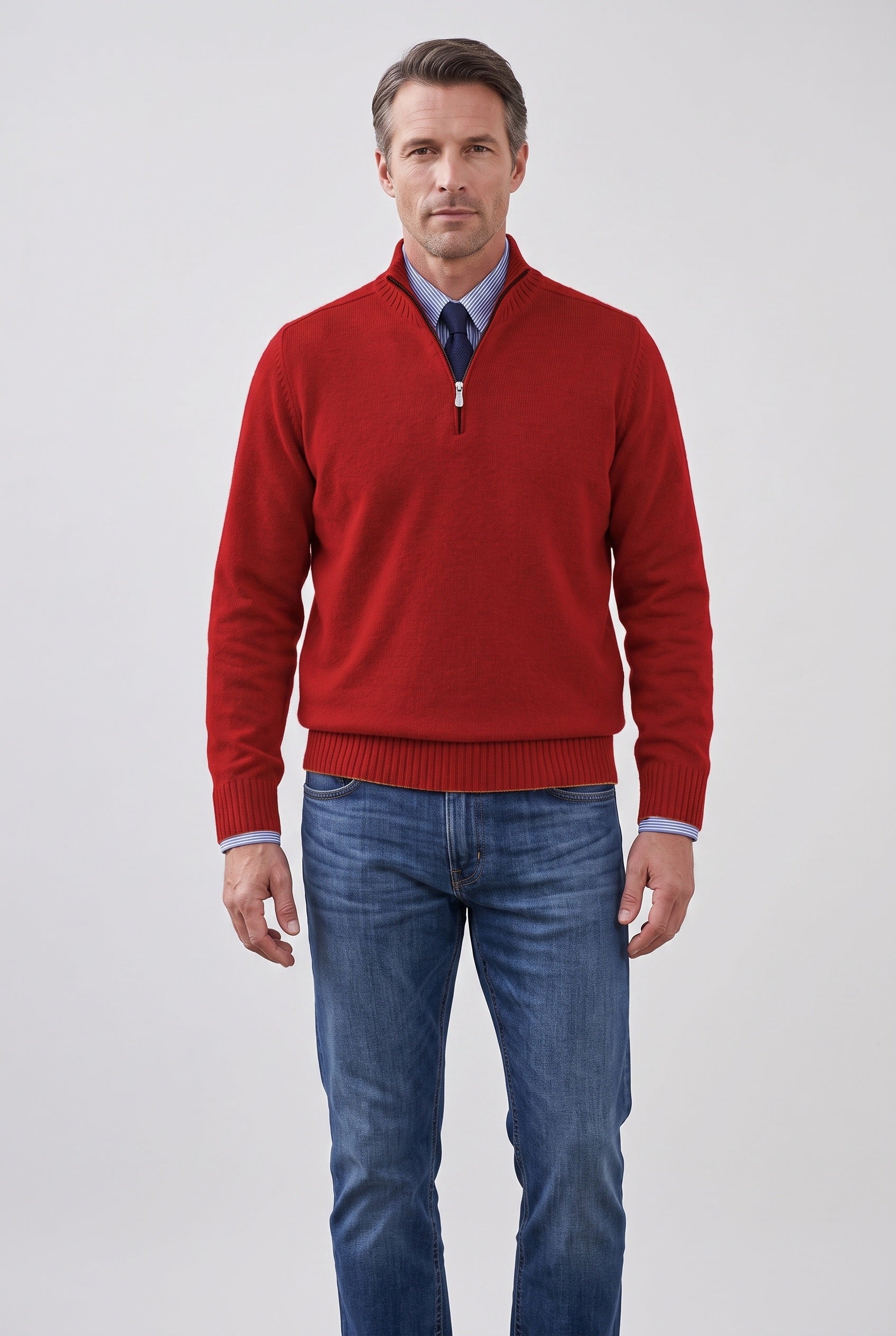 Men's Knitted Jumper | Quarter Zip Stand Collar - Red
