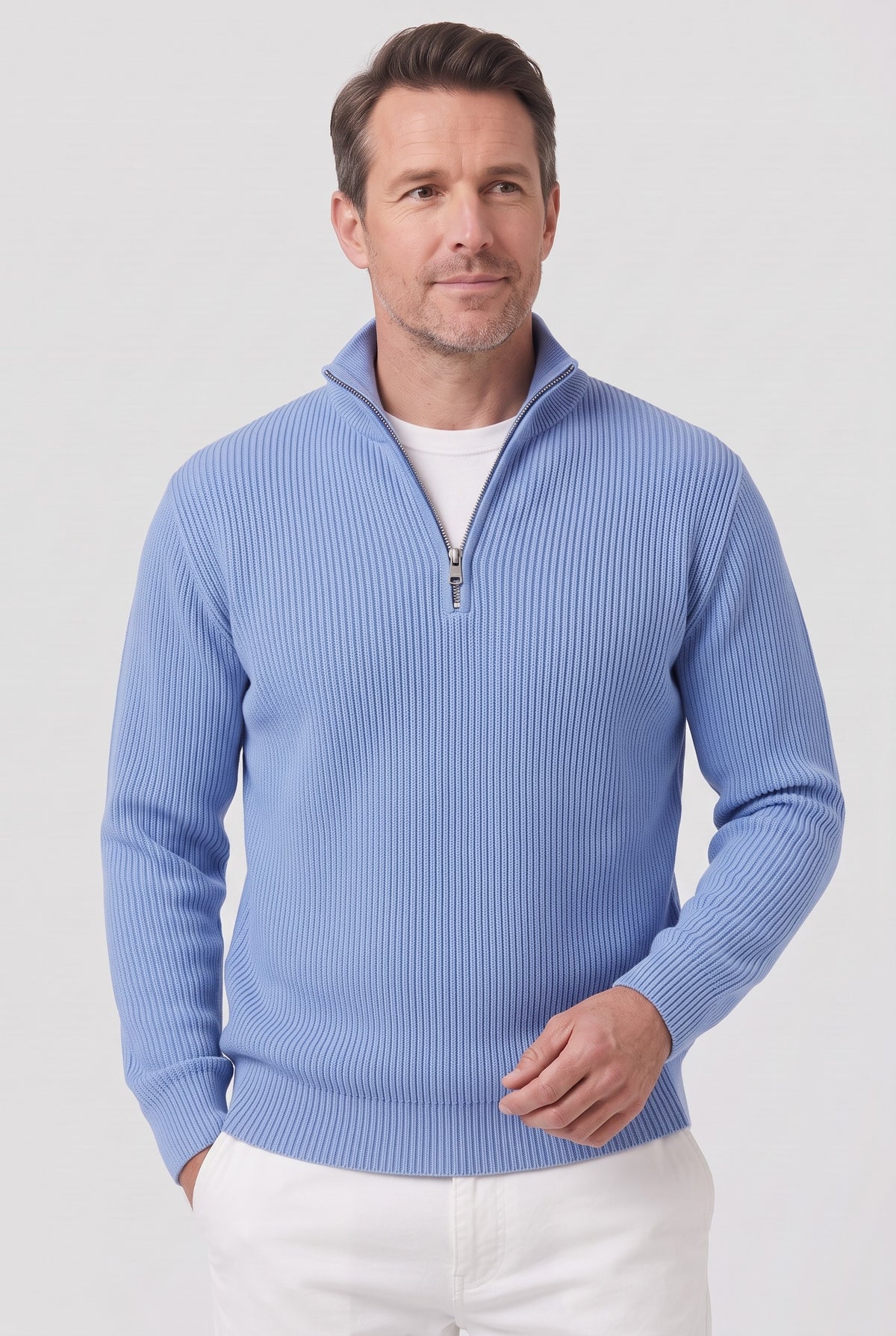 Men's Knitted Jumper | Ribbed Quarter-Zip - Baby Blue