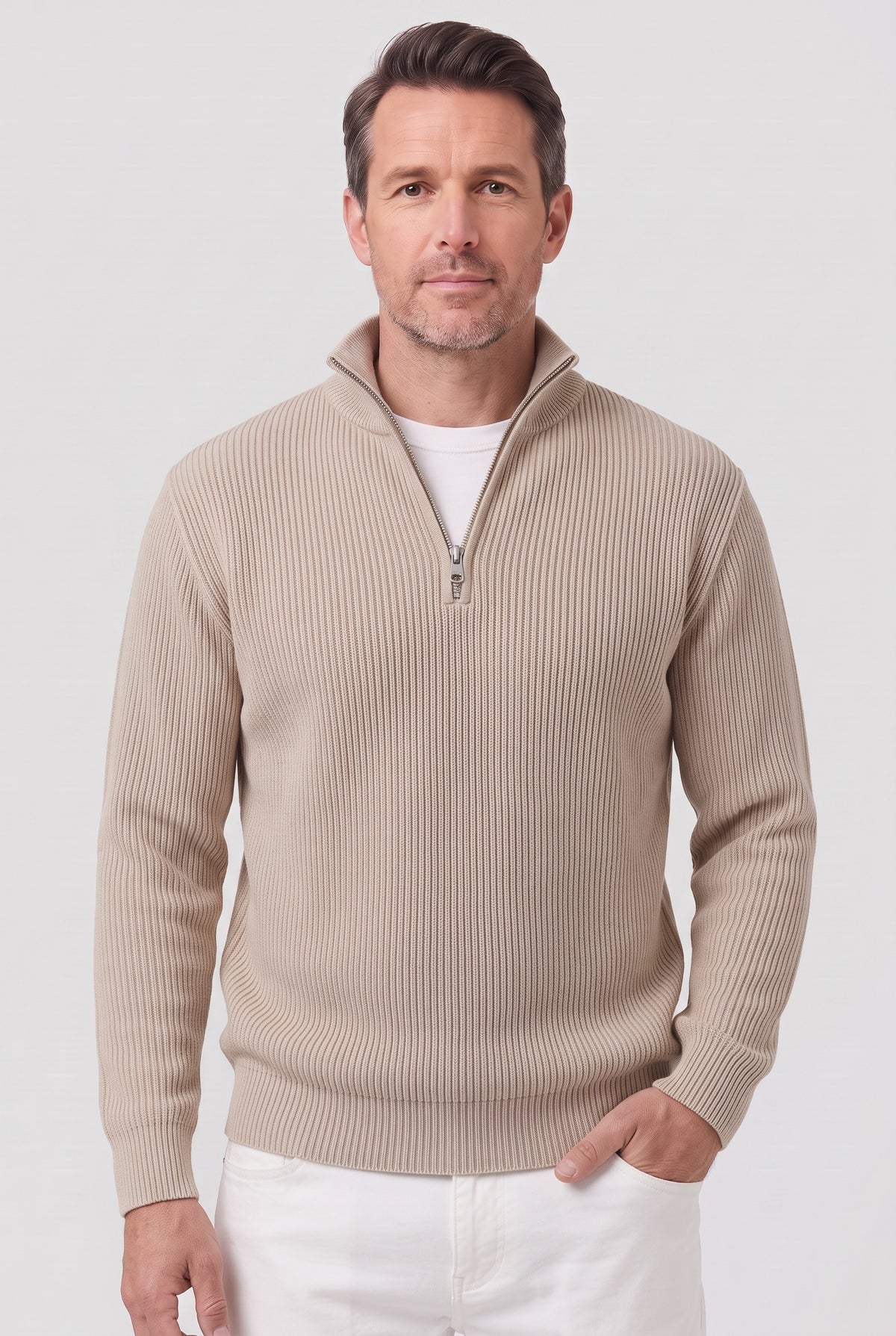 Men's Knitted Jumper | Ribbed Quarter-Zip - Cream